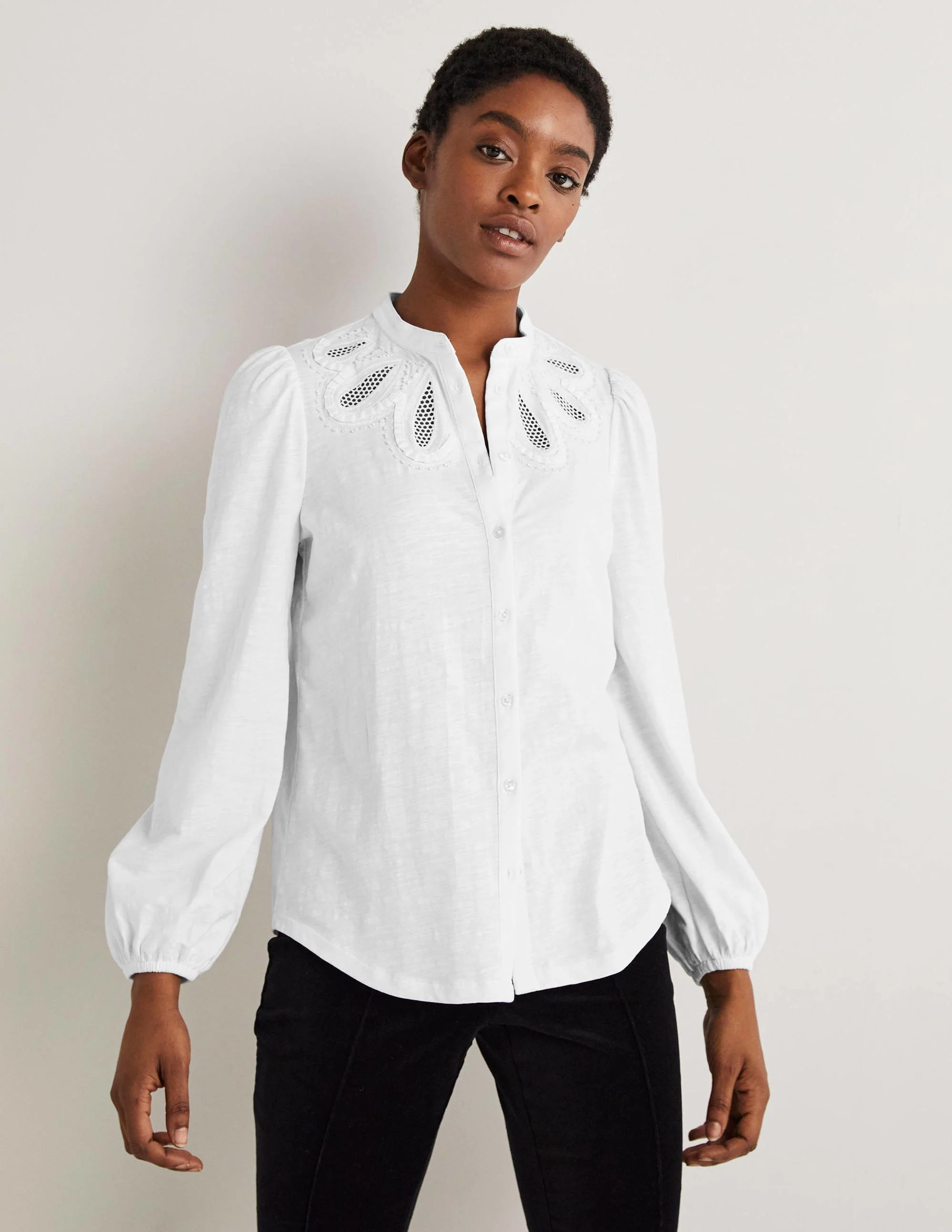 Embroidered Yoke Jersey Shirt-White