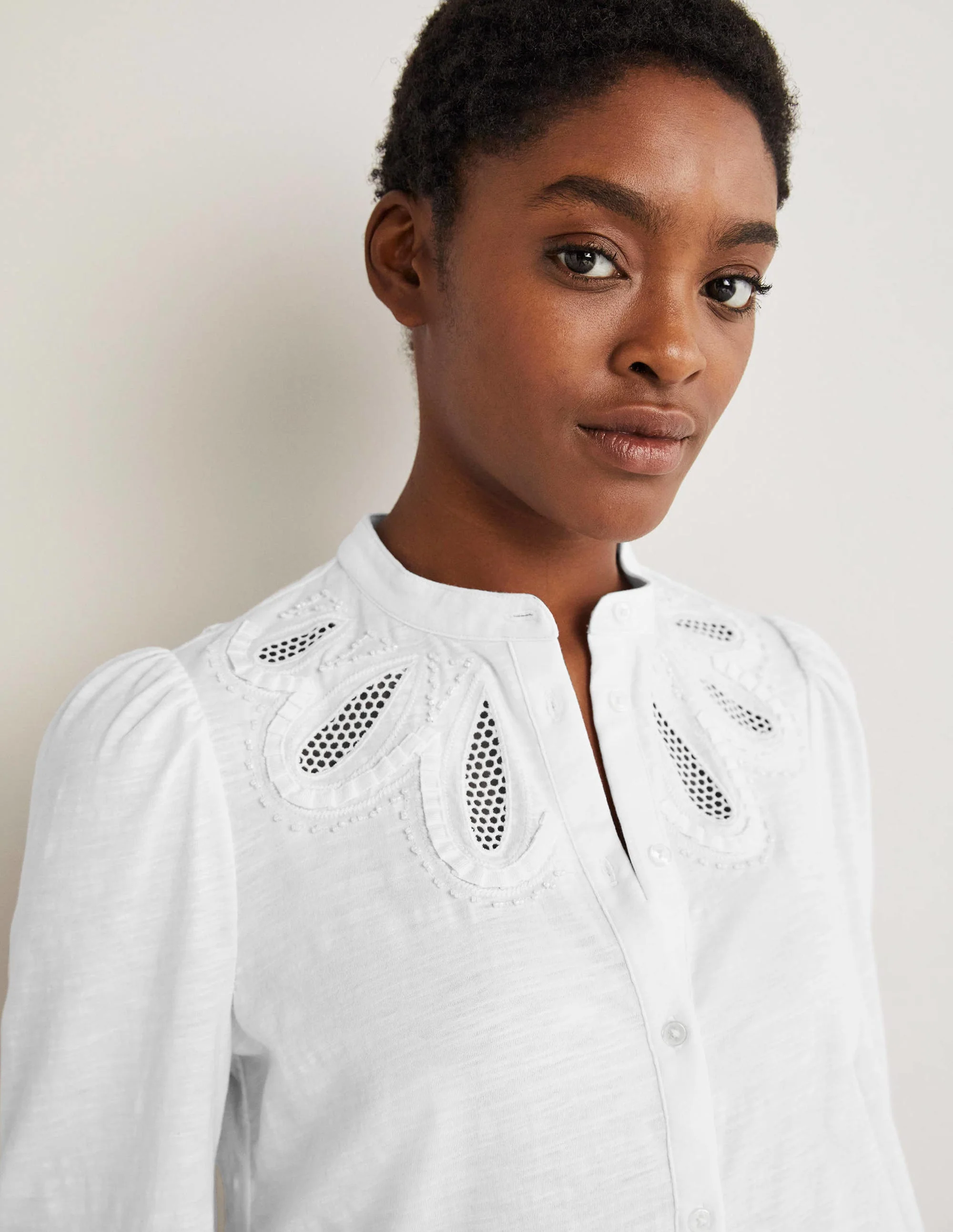 Embroidered Yoke Jersey Shirt-White - Image 4