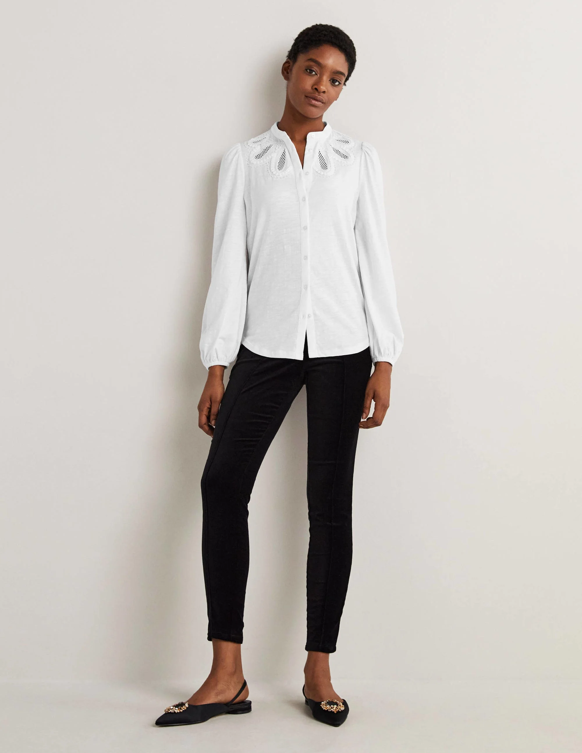 Embroidered Yoke Jersey Shirt-White - Image 5