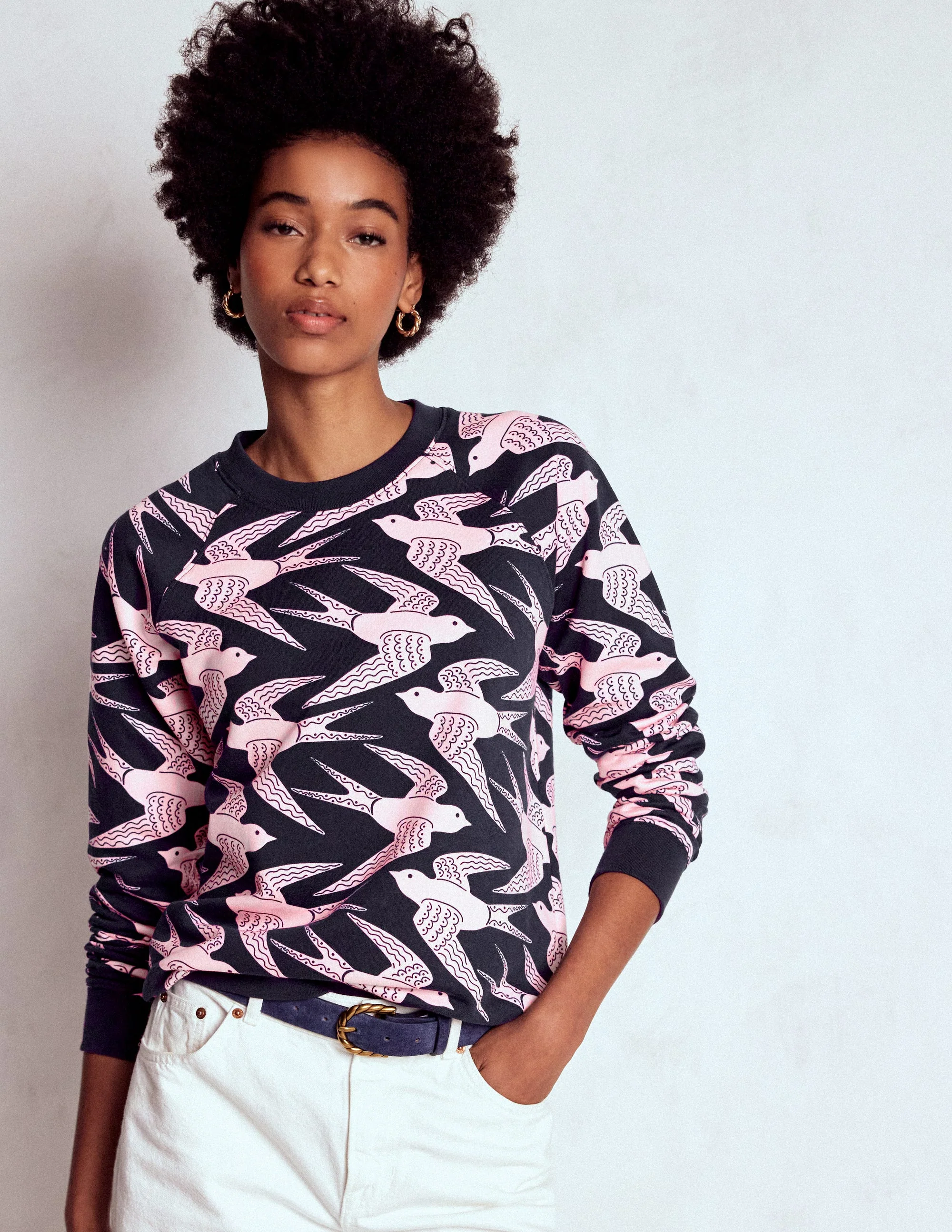 Emi Printed Sweatshirt-Navy, Pink Swooping Swallow