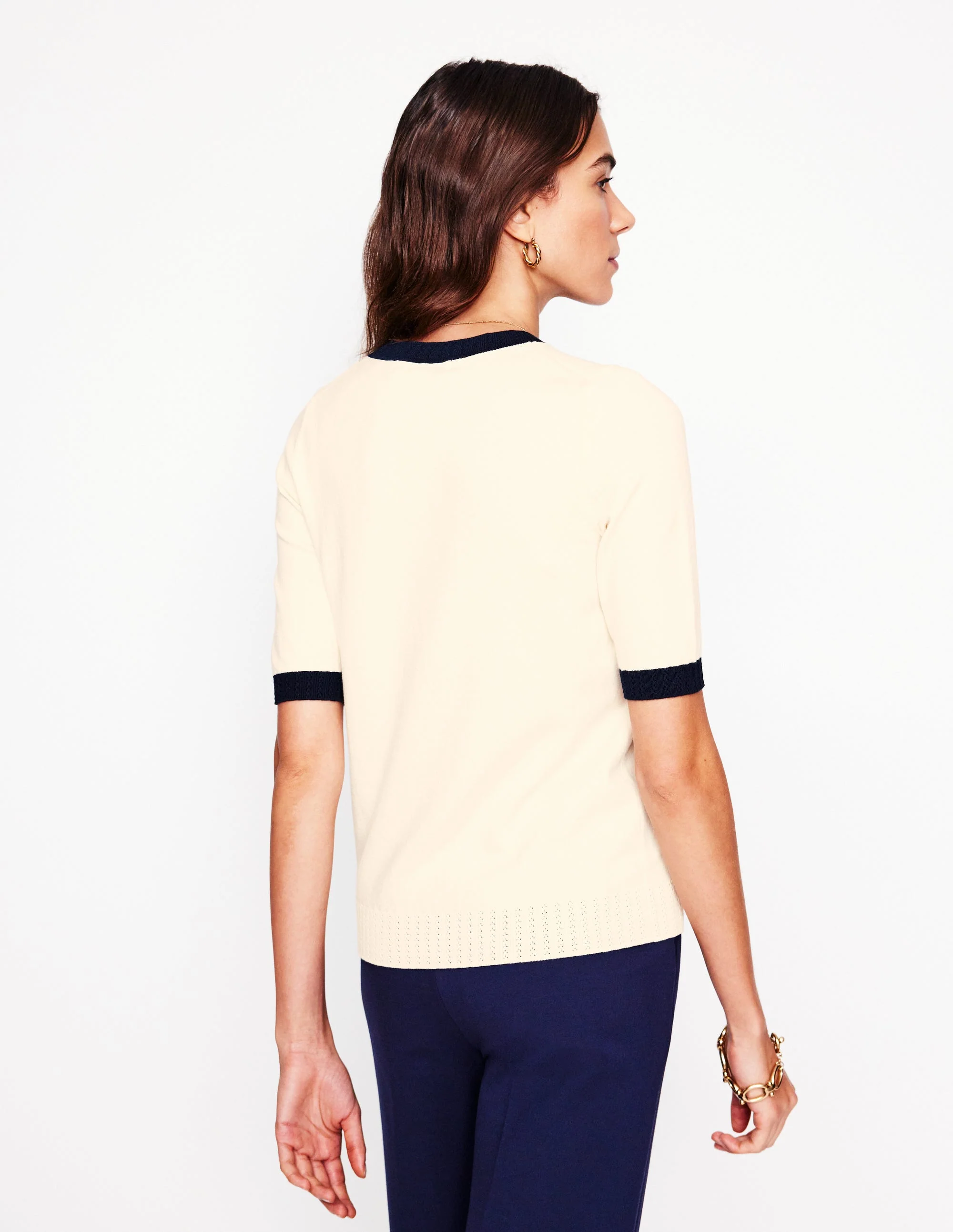 Emilia Cotton Crew T-shirt-Warm Ivory, Navy - Image 3