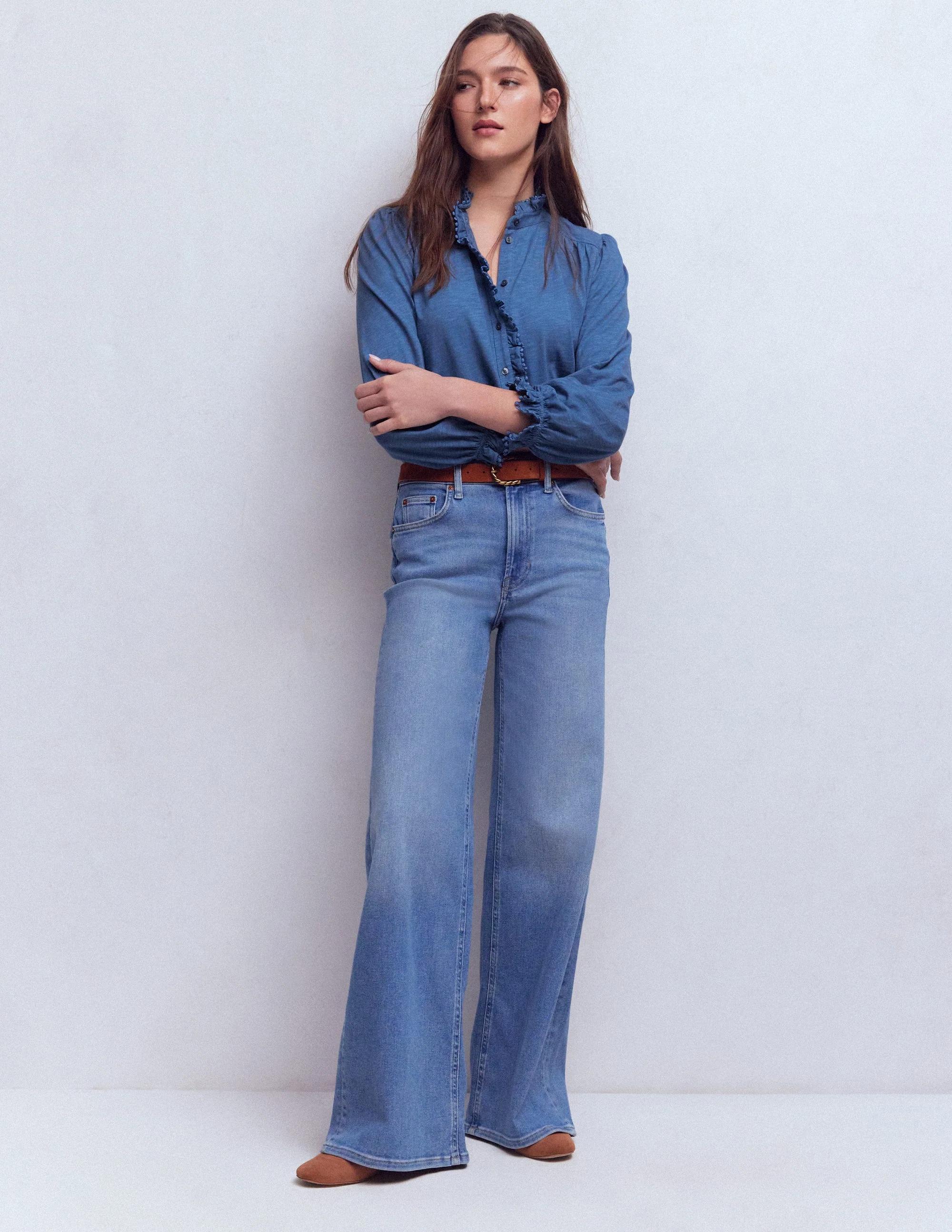 Emily Pom Trim Ruffle Shirt-Denim Blue - Image 4