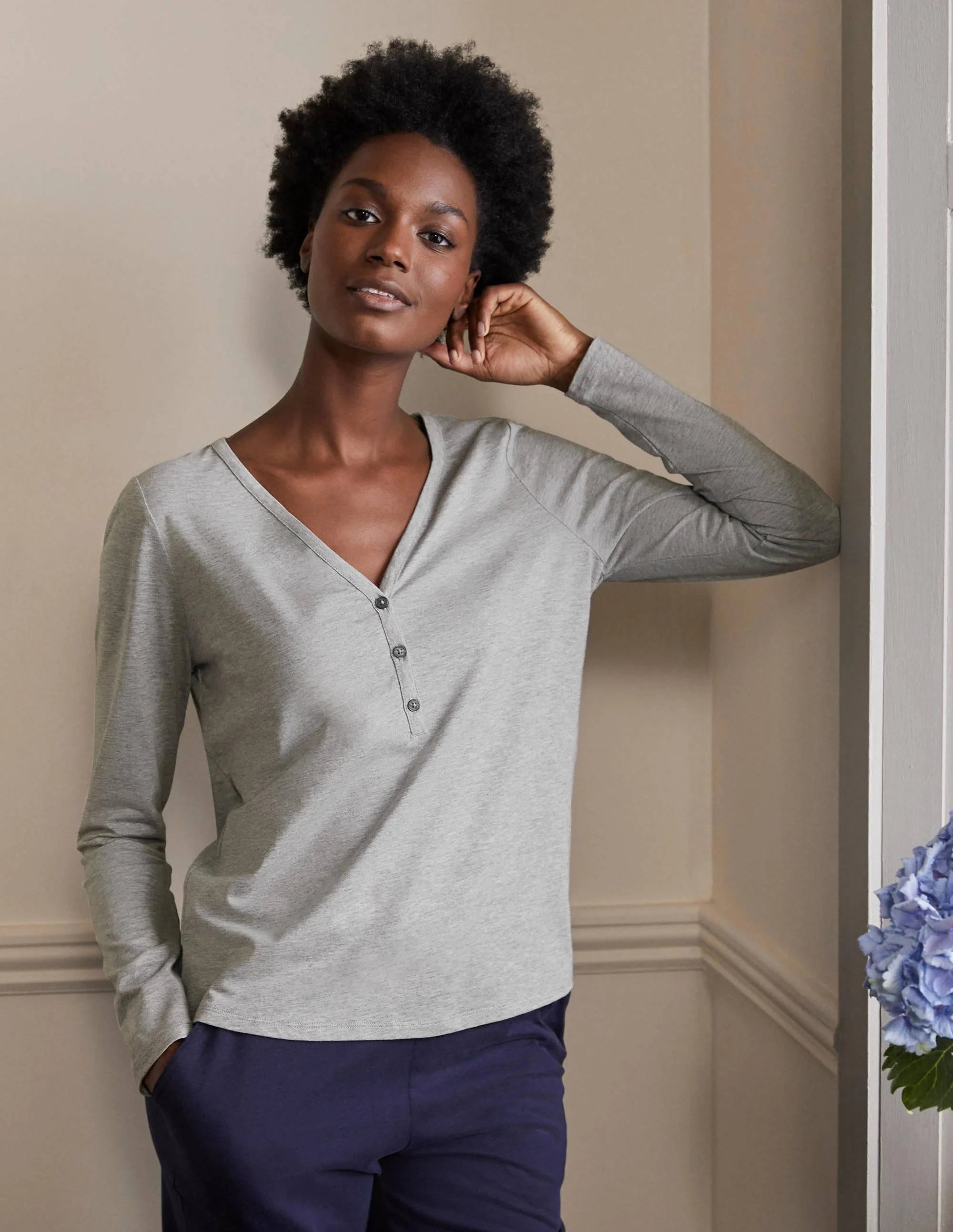 Emma Long Sleeve Pyjama Top-Grey Marl