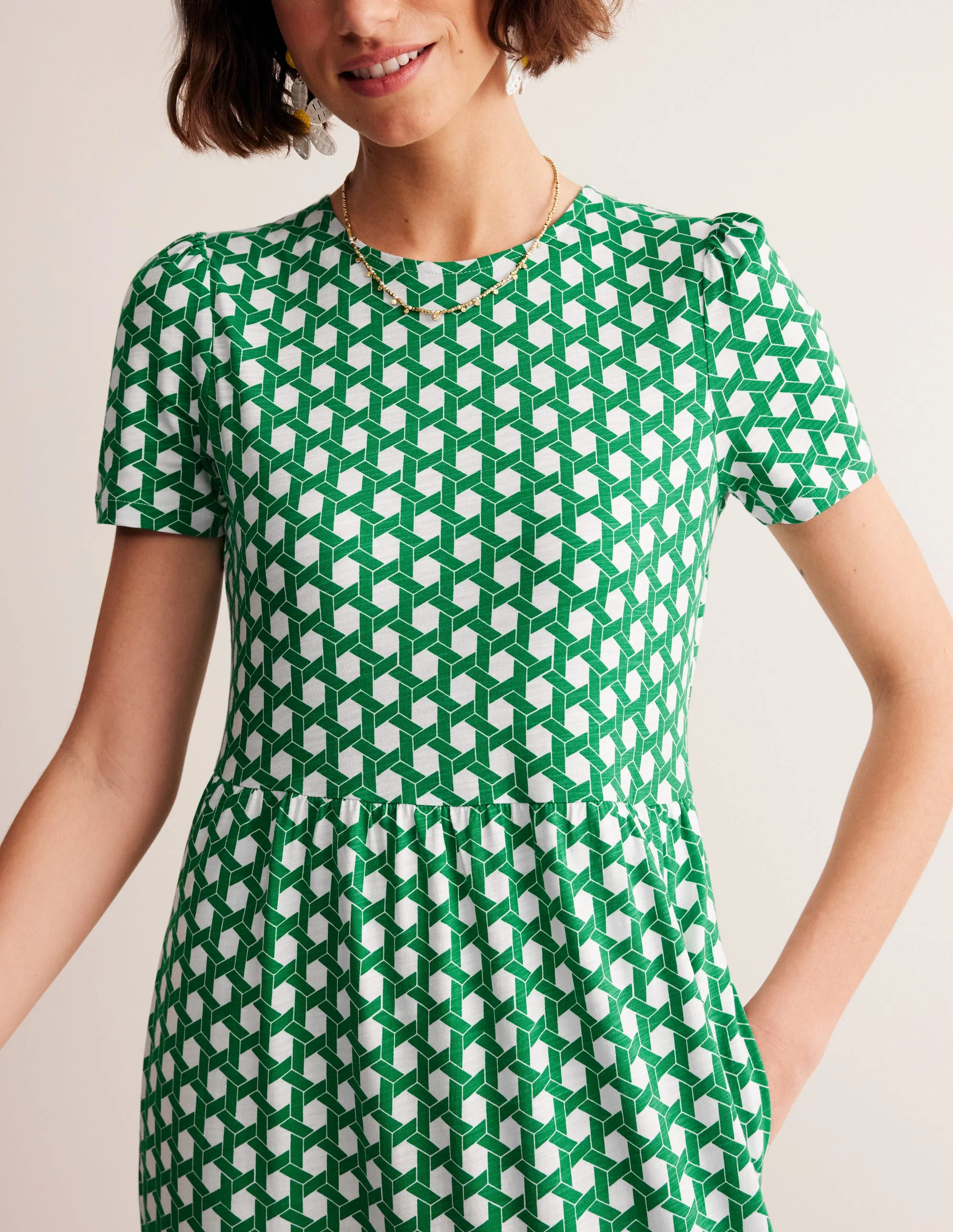 Emma Tiered Jersey Midi Dress-Green, Honeycomb Geo - Image 2