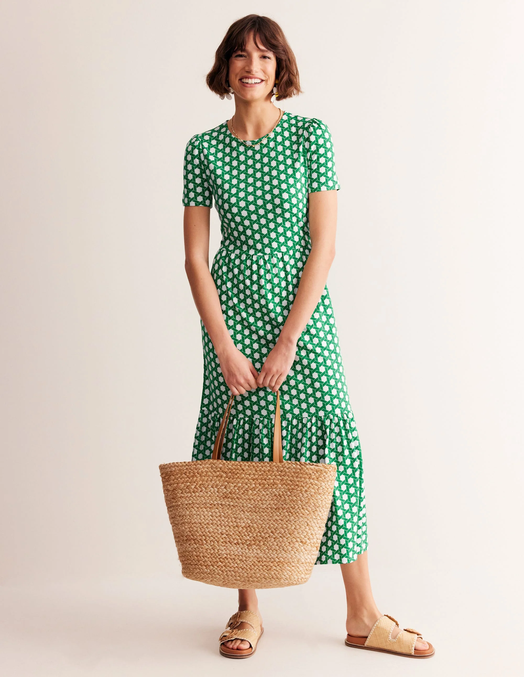 Emma Tiered Jersey Midi Dress-Green, Honeycomb Geo - Image 4