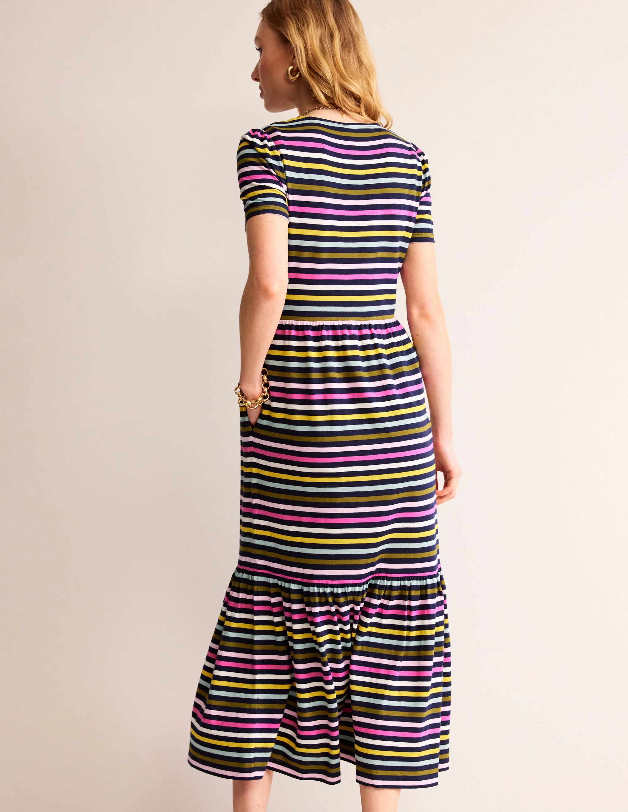 Emma Tiered Jersey Midi Dress-Navy, Yellow Multistripe - Image 3