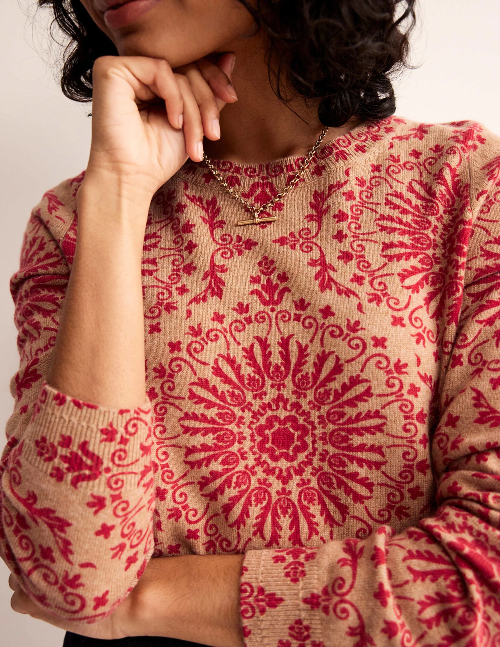 Eva Cashmere Crew Neck Jumper-Camel Pop Peony - Image 2