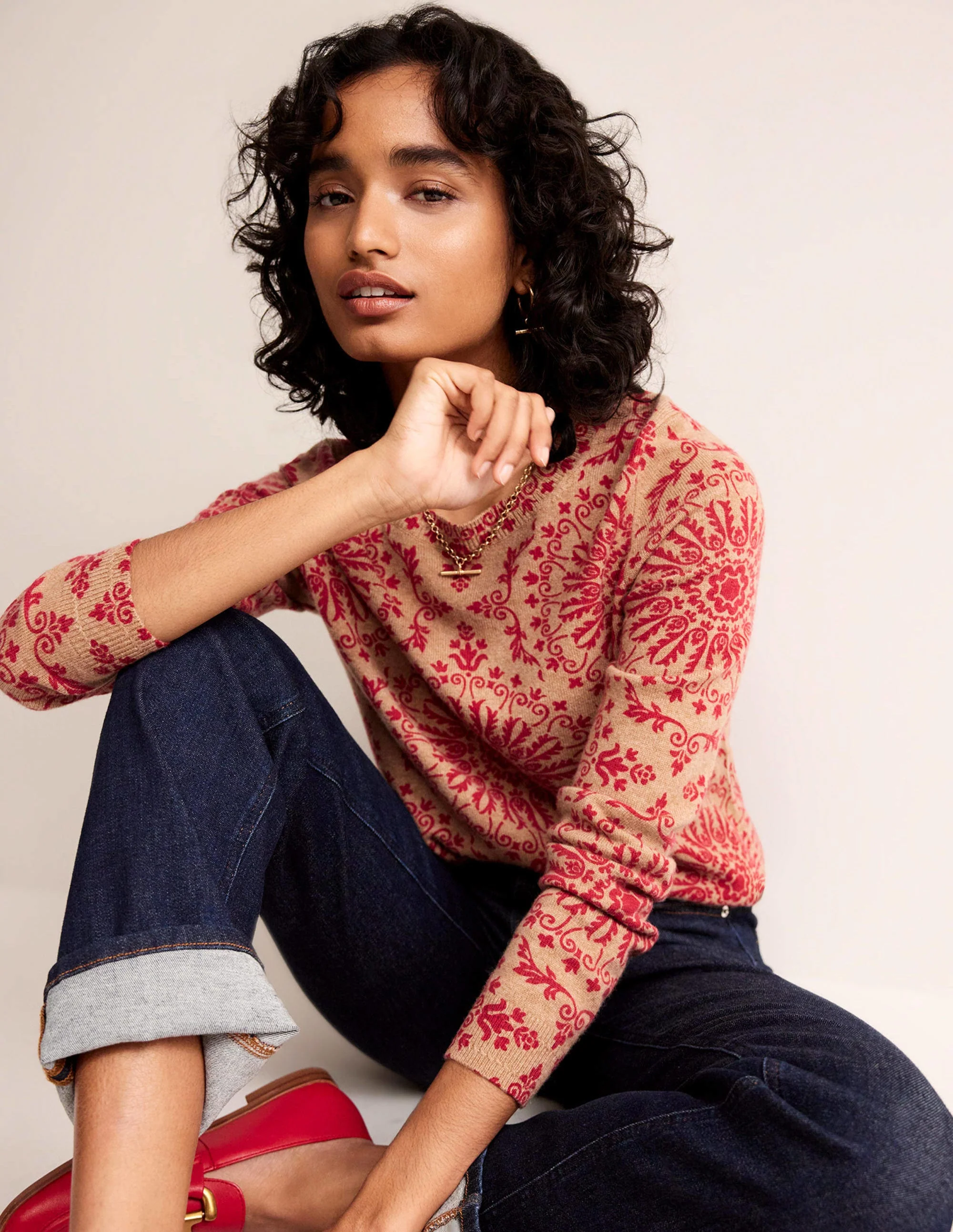 Eva Cashmere Crew Neck Jumper-Camel Pop Peony - Image 4