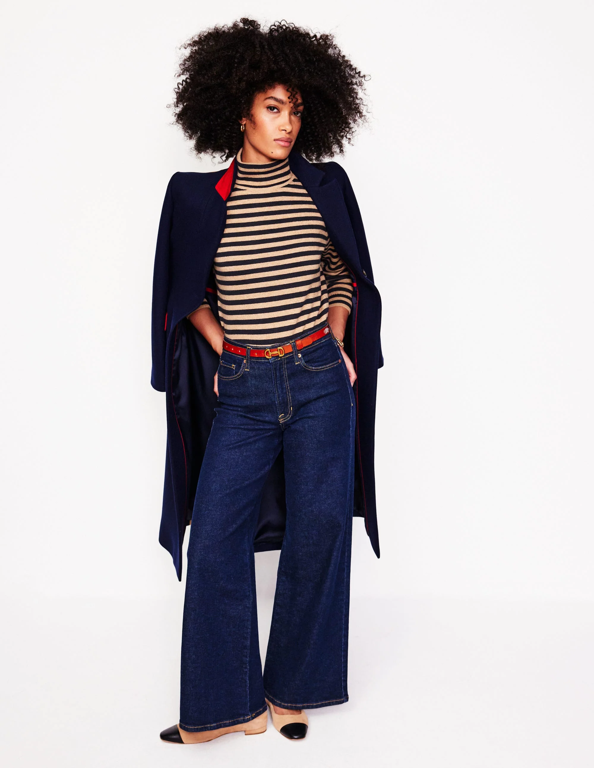 Eva Cashmere Roll Neck Jumper-Camel Melange, Navy - Image 4