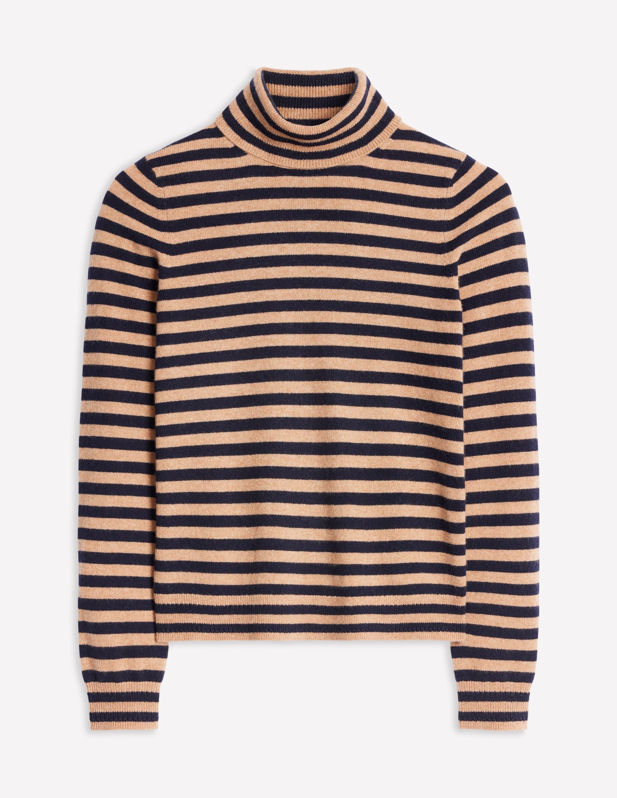 Eva Cashmere Roll Neck Jumper-Camel Melange, Navy - Image 5