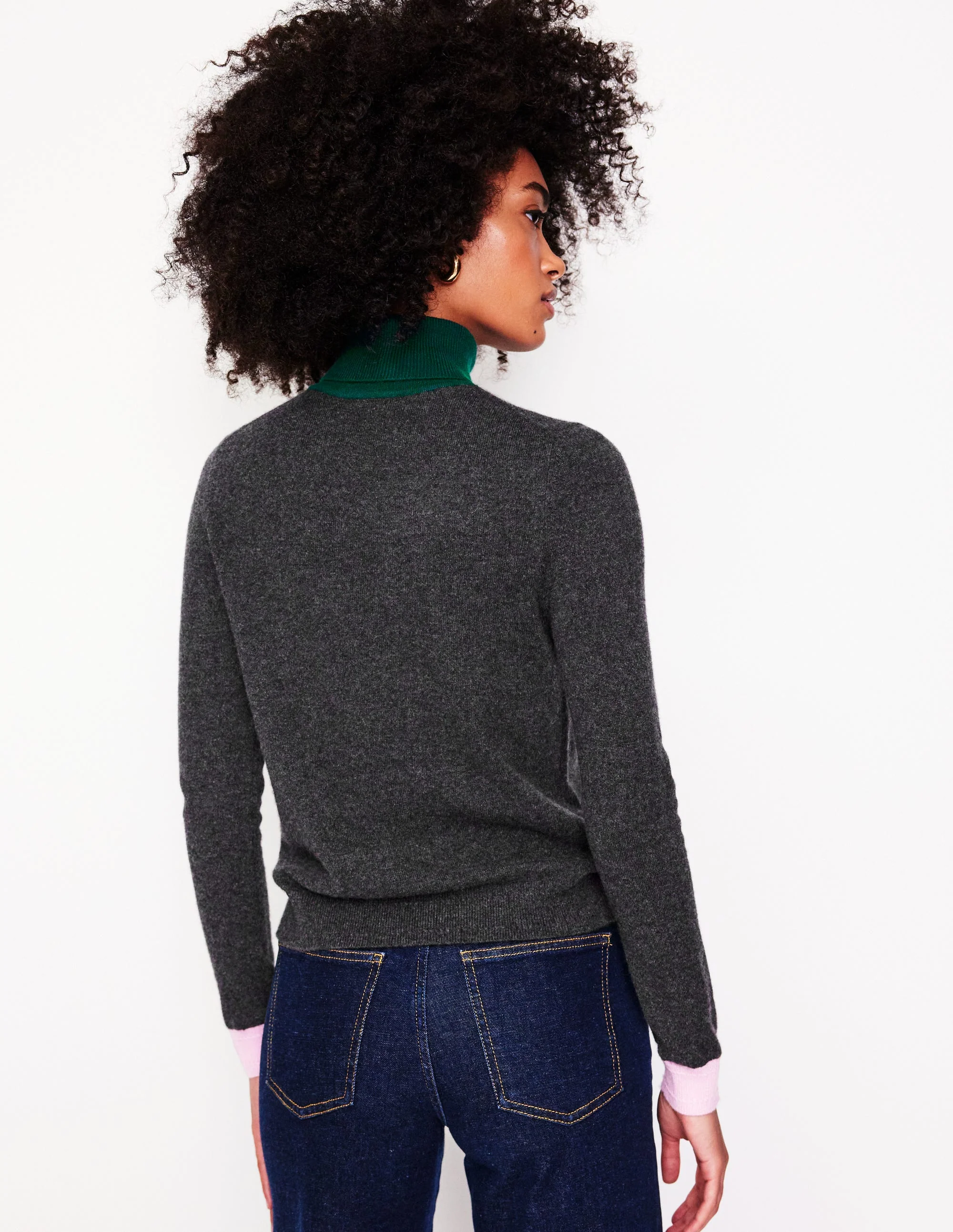 Eva Cashmere Roll Neck Jumper-Charcoal Melange, Colour Block - Image 3