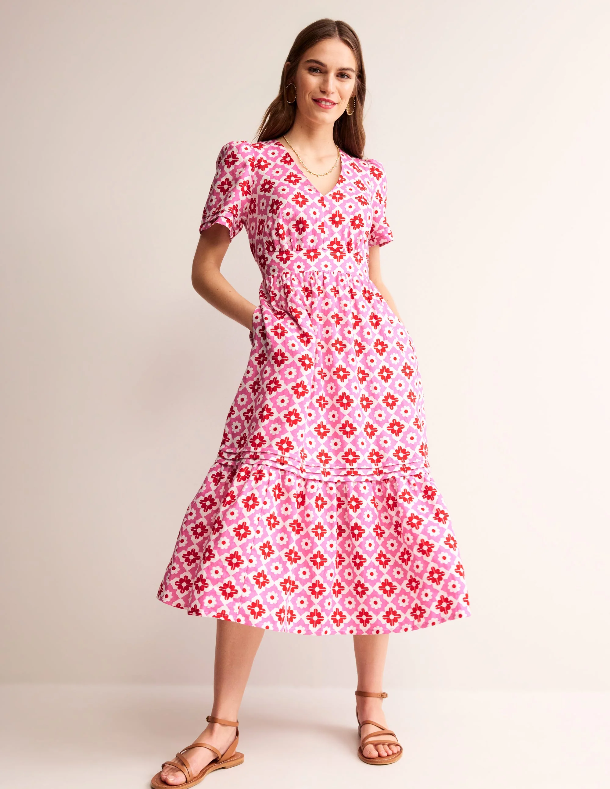 Eve Linen Midi Dress-Pink Power, Geometric Stamp - Image 2