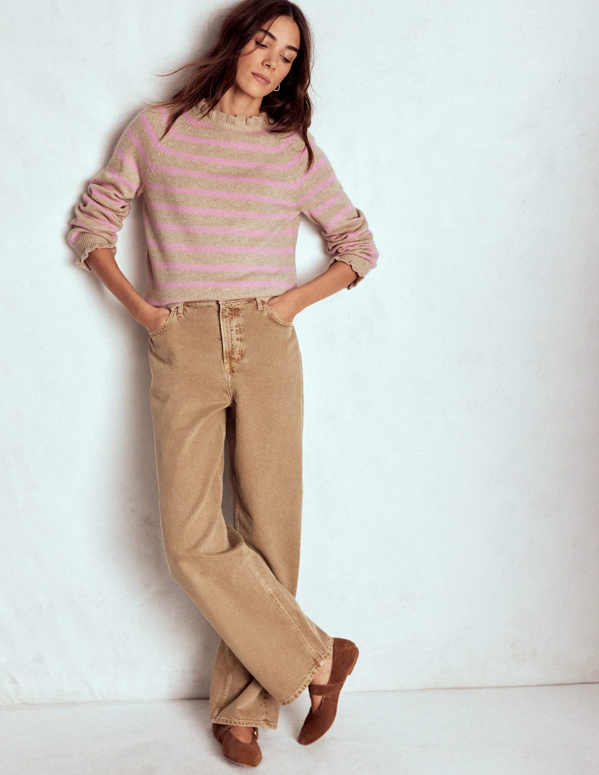 Fae Fair Isle Frilled Jumper-Camel, Pink Stripe - Image 6