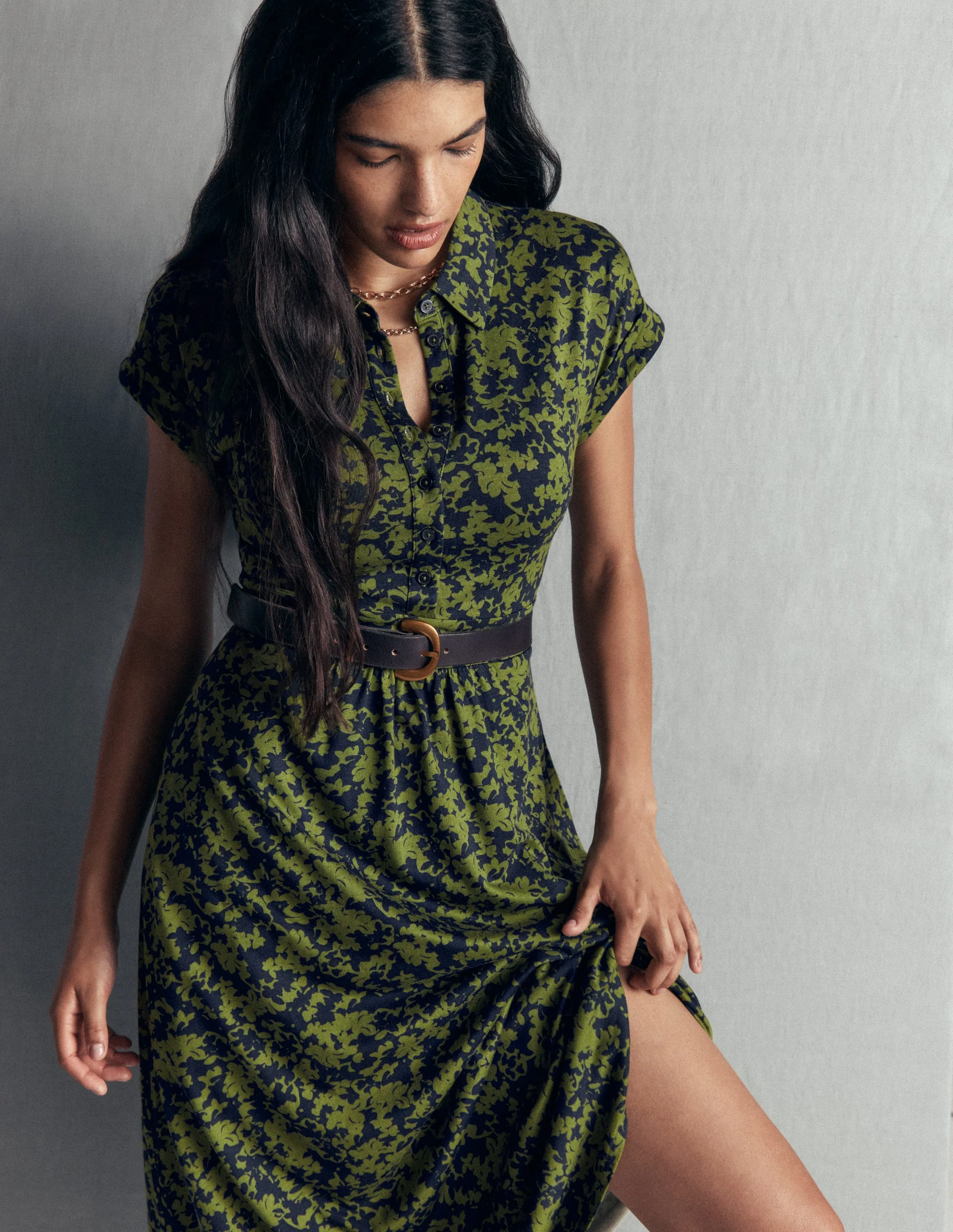 Fae Jersey Shirt Dress-Brunswick Green, Sprayed Leaf