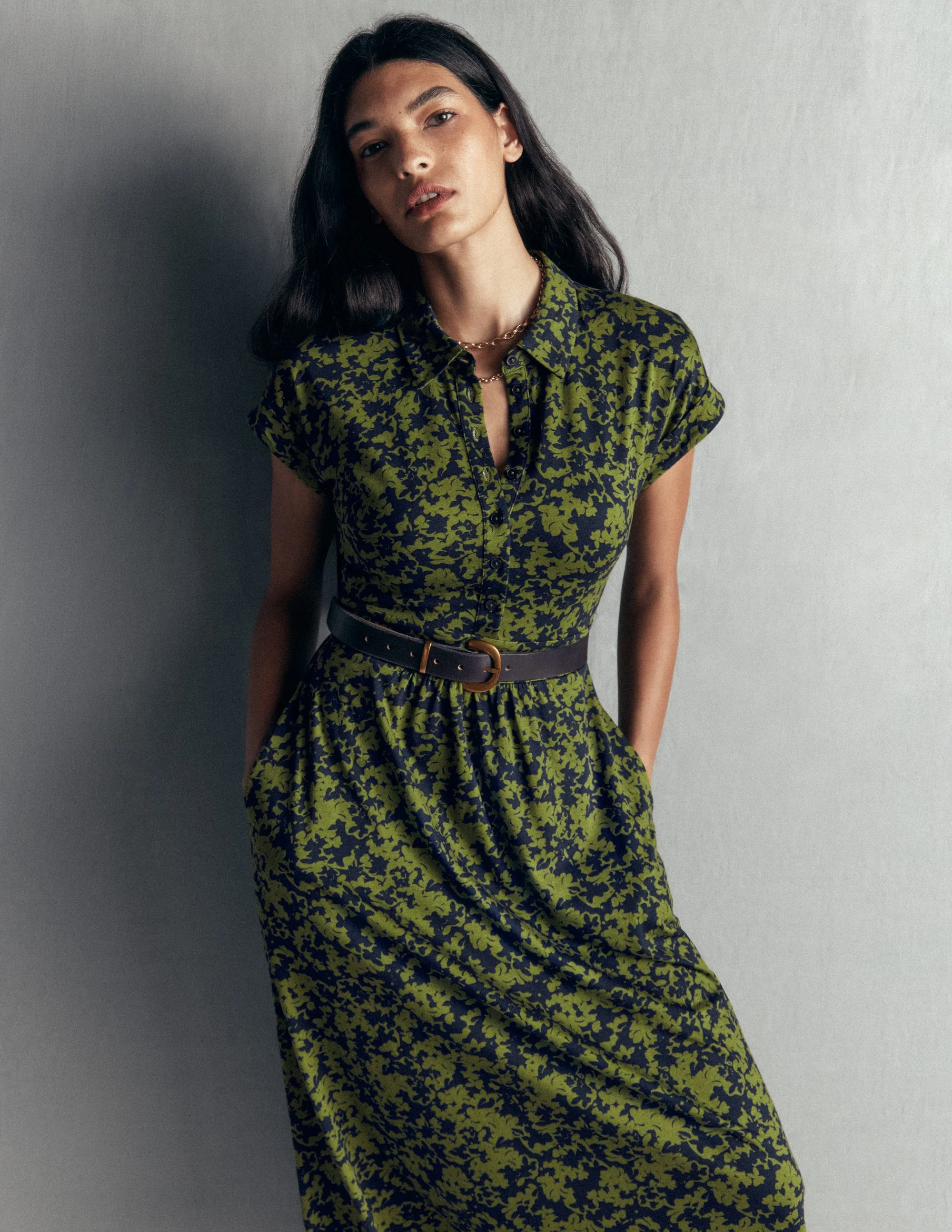 Fae Jersey Shirt Dress-Brunswick Green, Sprayed Leaf - Image 2