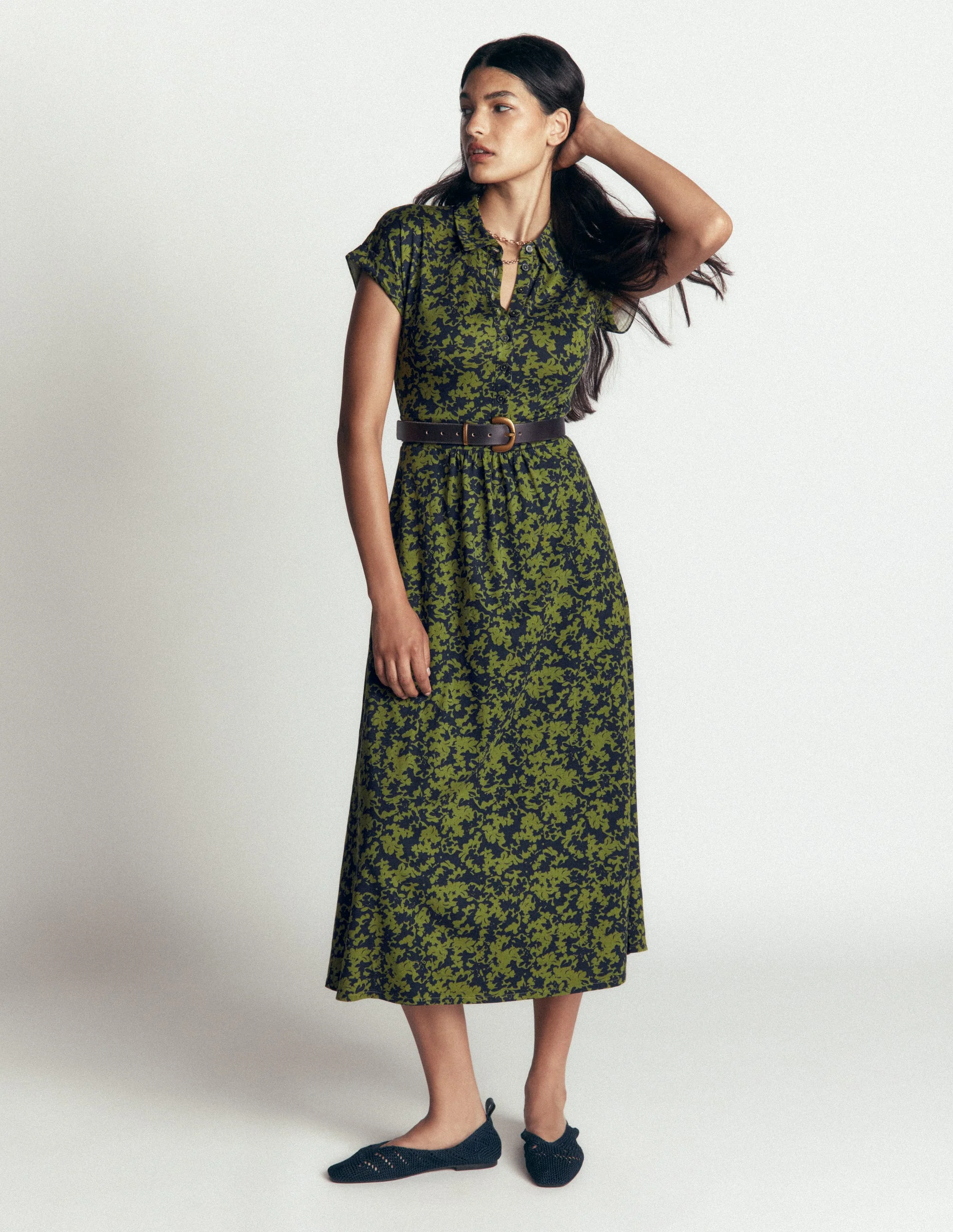 Fae Jersey Shirt Dress-Brunswick Green, Sprayed Leaf - Image 4