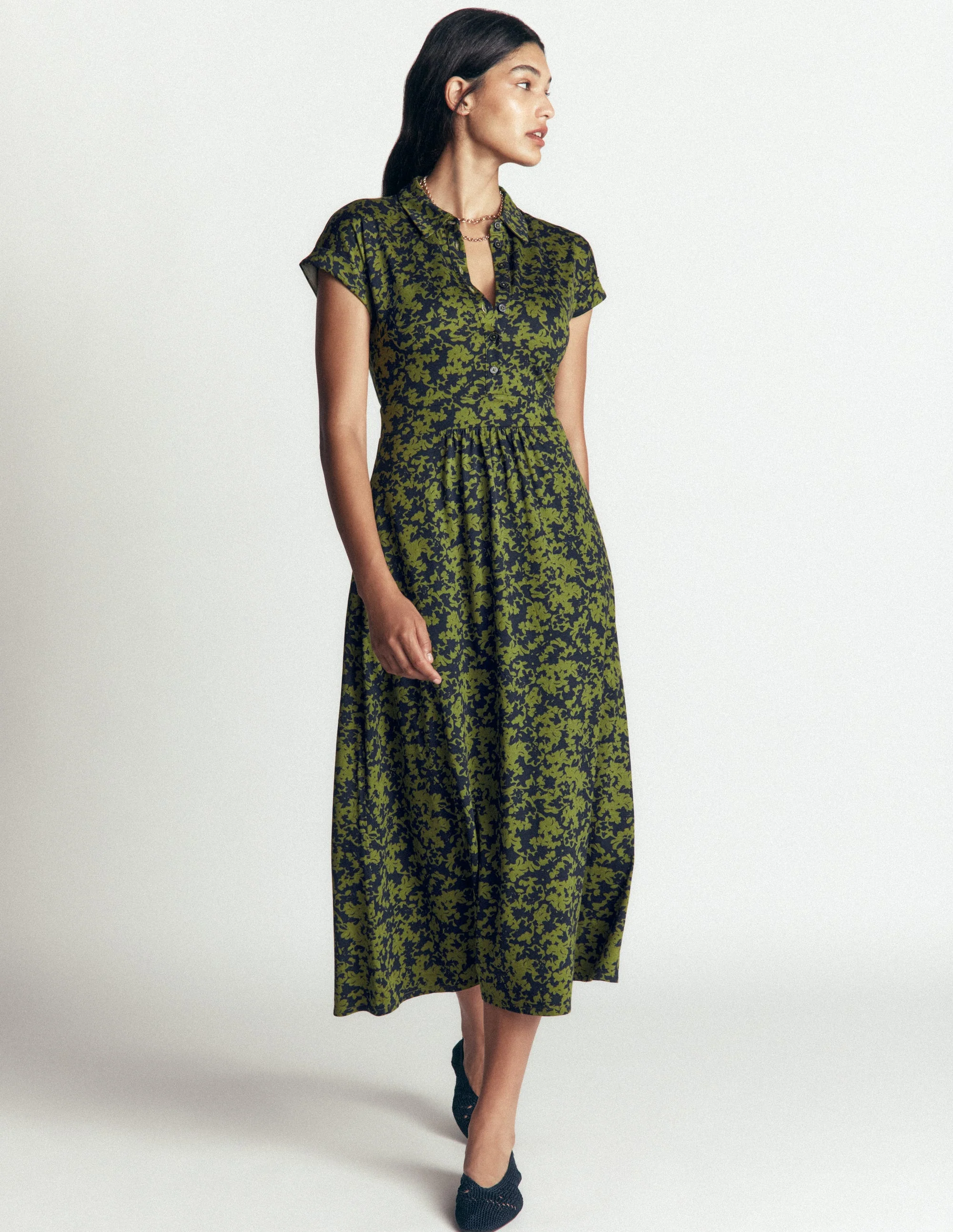 Fae Jersey Shirt Dress-Brunswick Green, Sprayed Leaf - Image 5