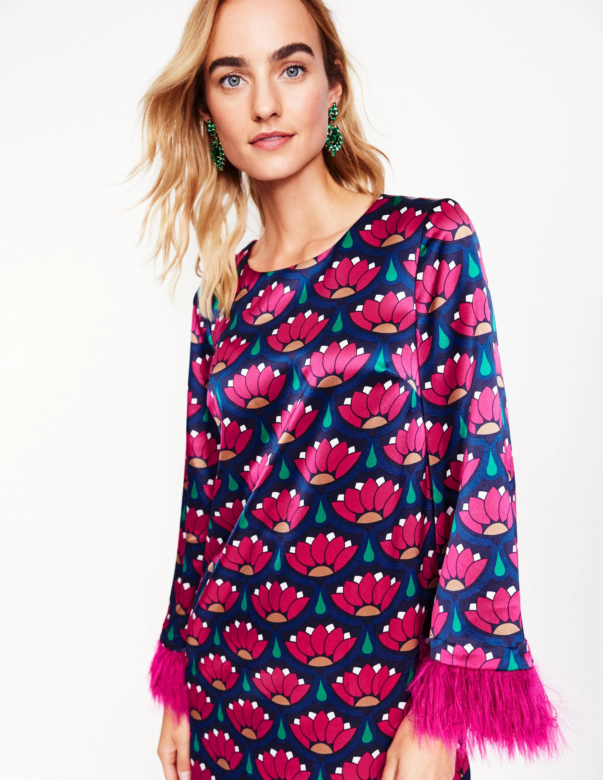 Faux Feather Trim Short Dress-Bright Pink, Lotus Stamp - Image 3