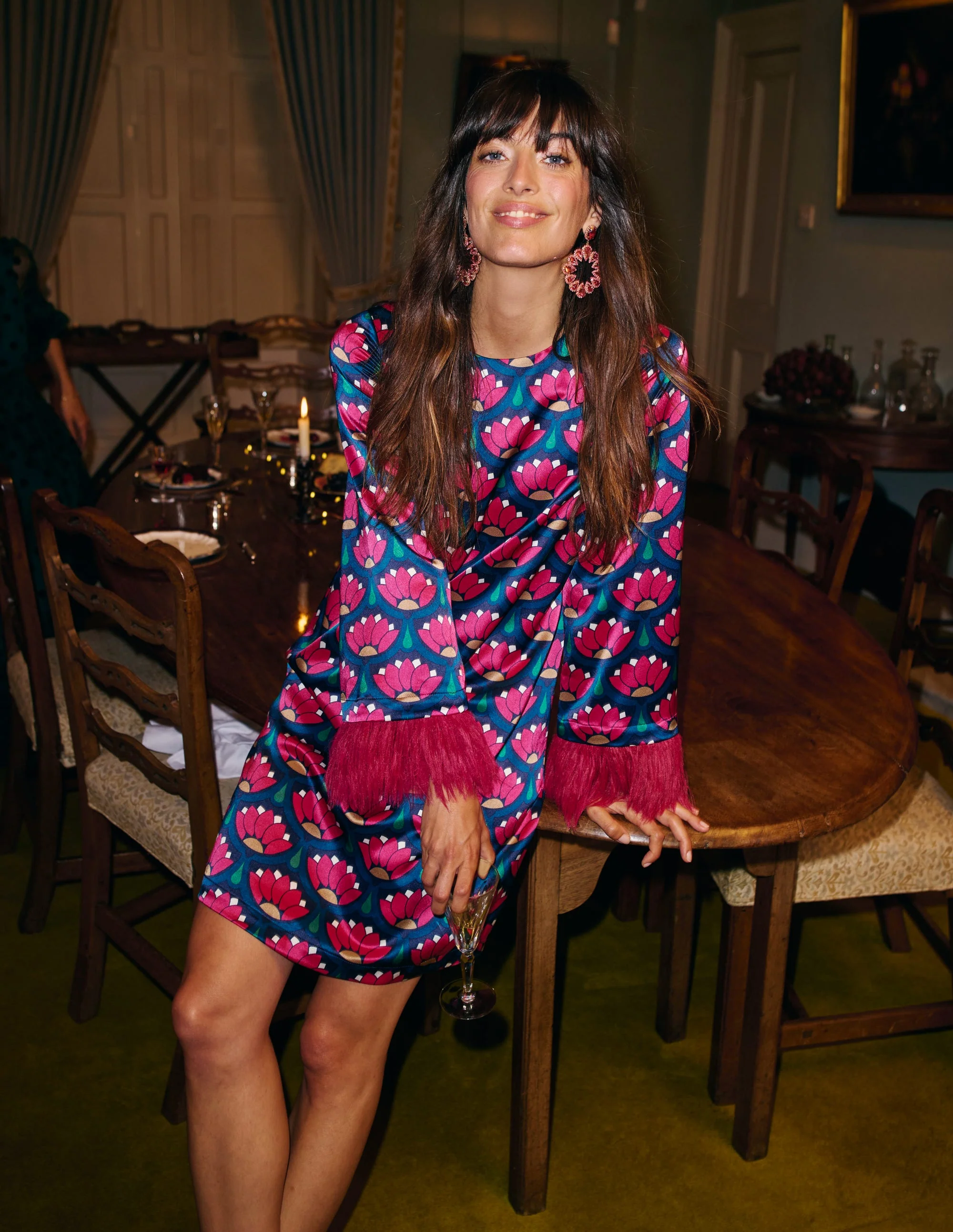 Faux Feather Trim Short Dress-Bright Pink, Lotus Stamp - Image 6