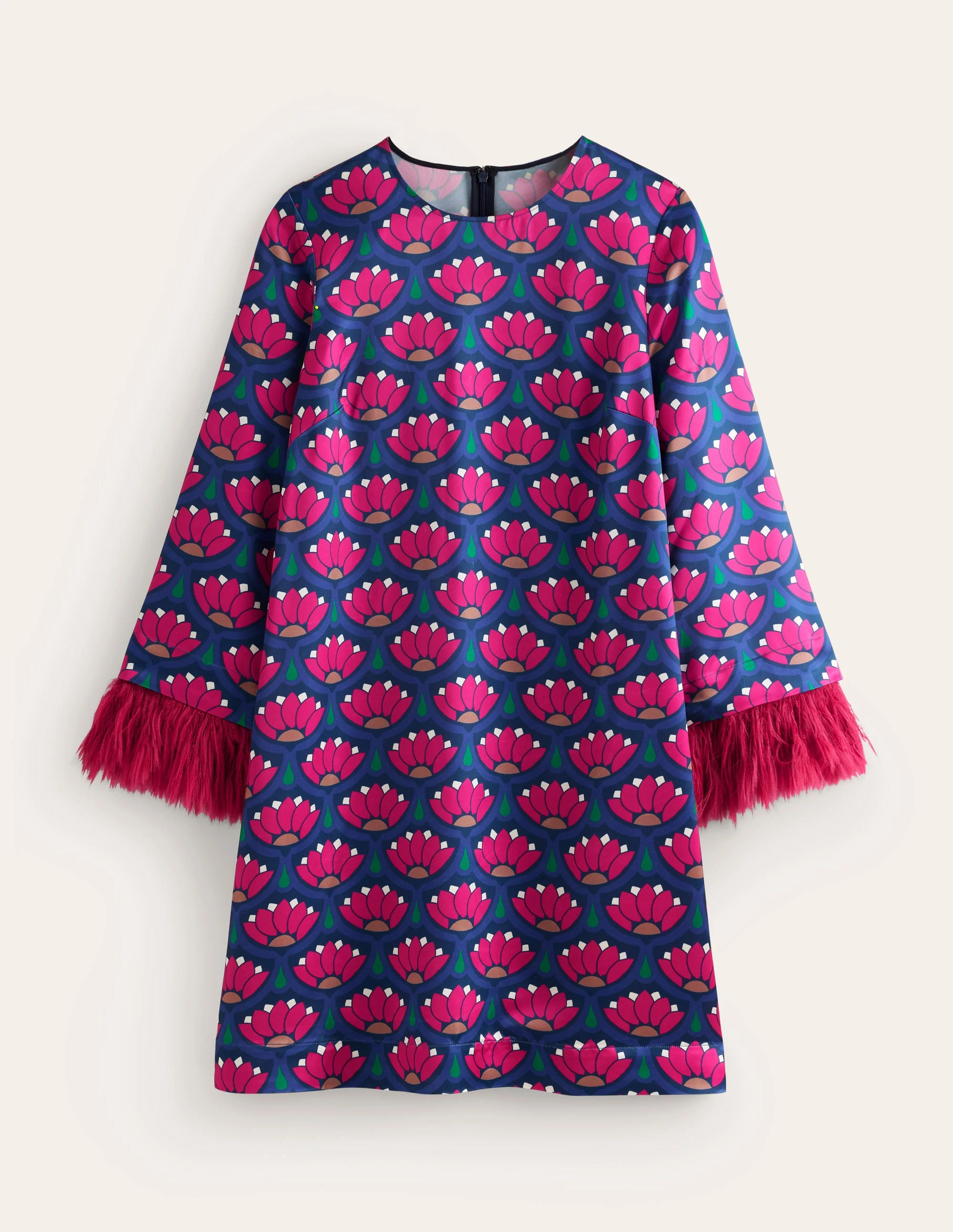 Faux Feather Trim Short Dress-Bright Pink, Lotus Stamp - Image 7