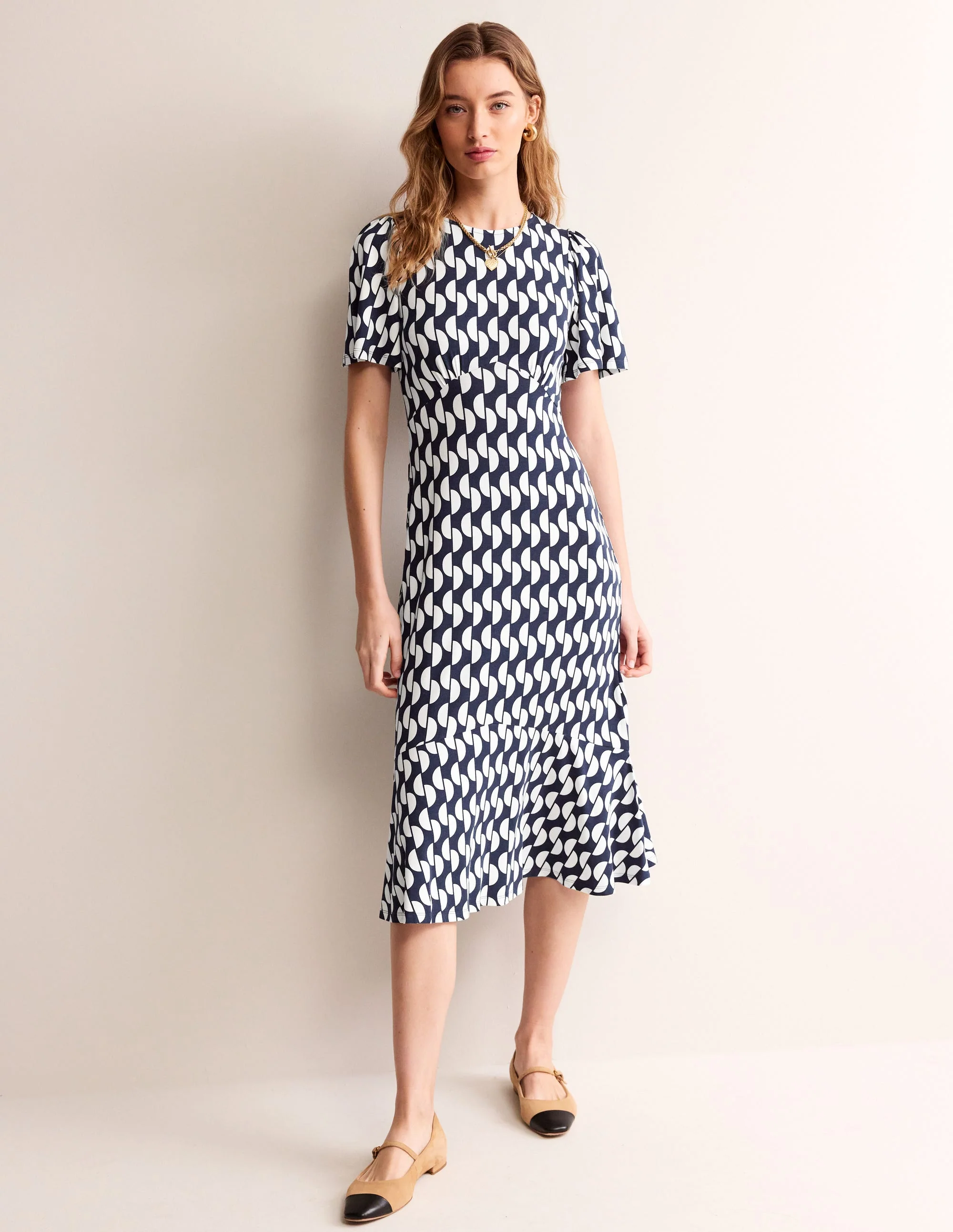Felicity Jersey Midi Tea Dress-French Navy, Geo Wave - Image 2