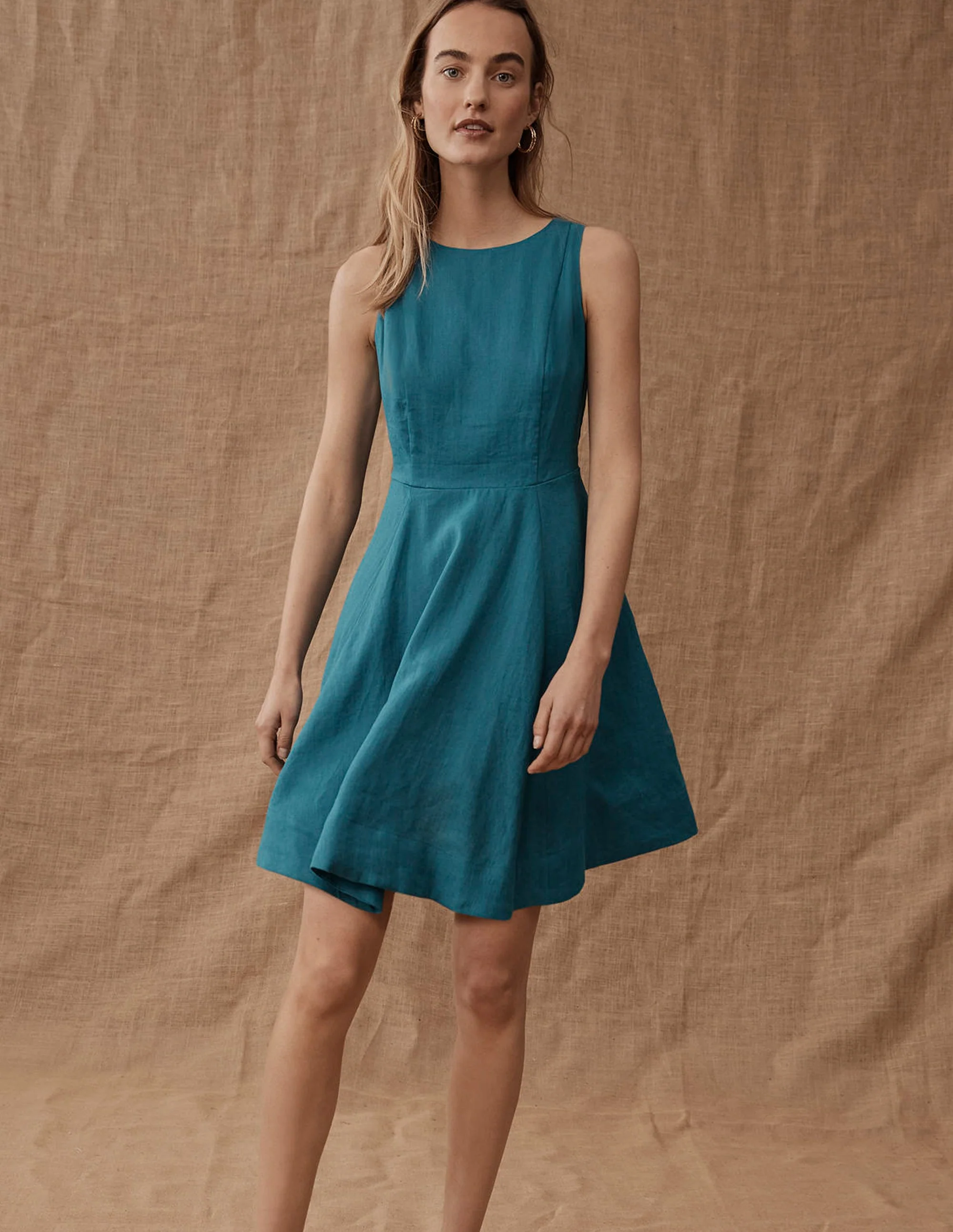 Fit-and-Flare Linen Mini Dress-Teal - Image 7
