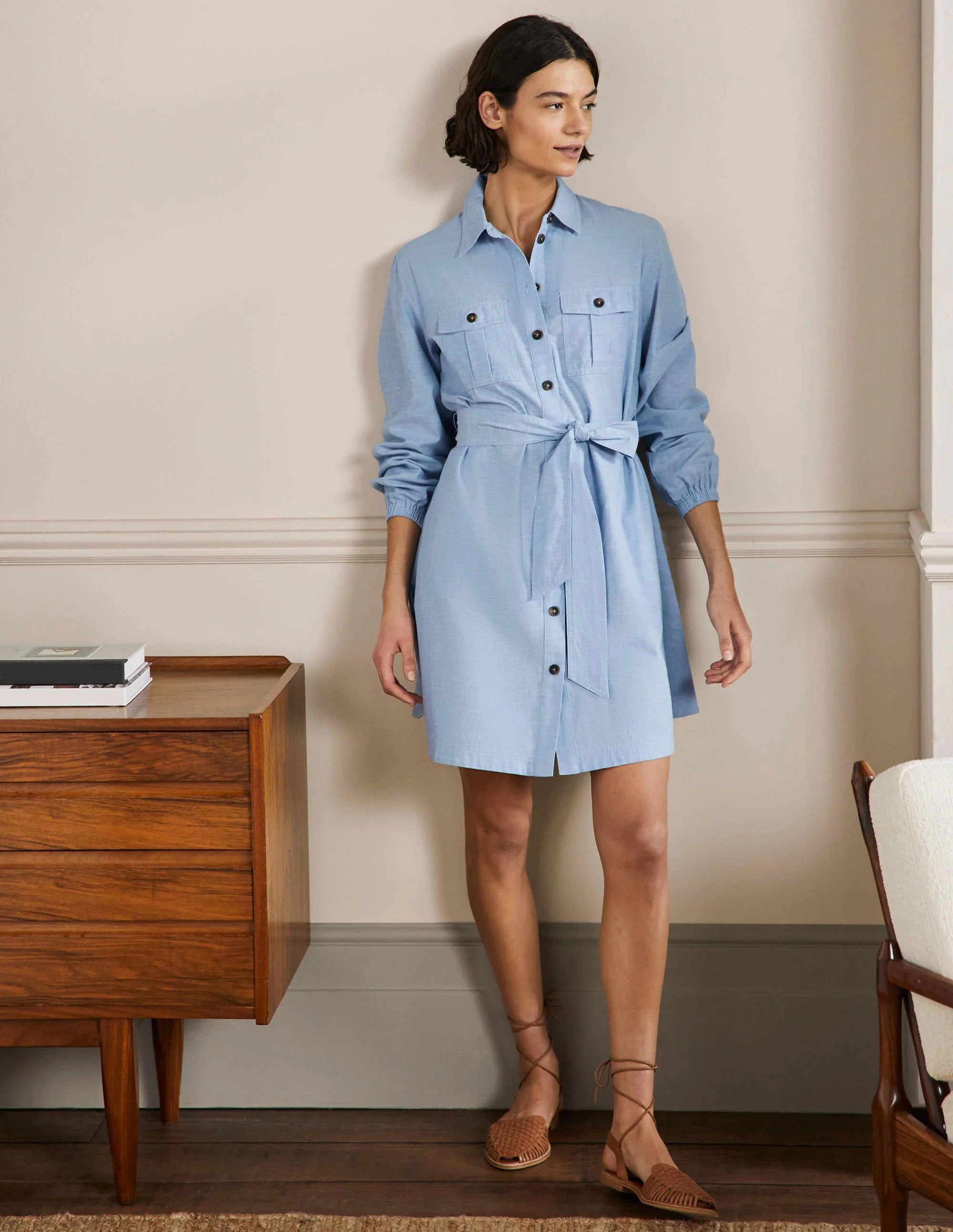 Fit and Flare Mini Shirt Dress-Light Chambray - Image 4