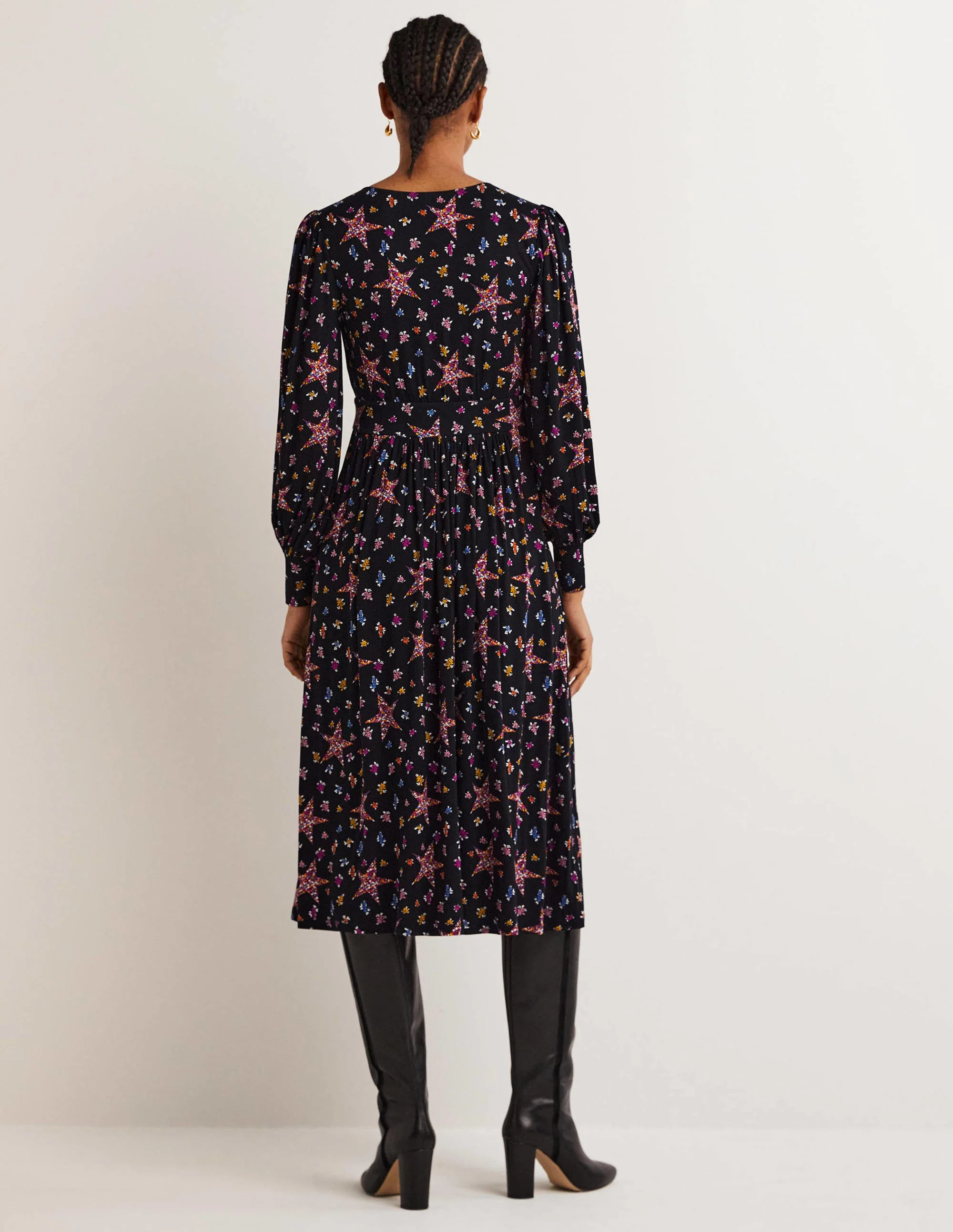 Fixed Wrap Jersey Midi Dress-Black, Star Floral - Image 3