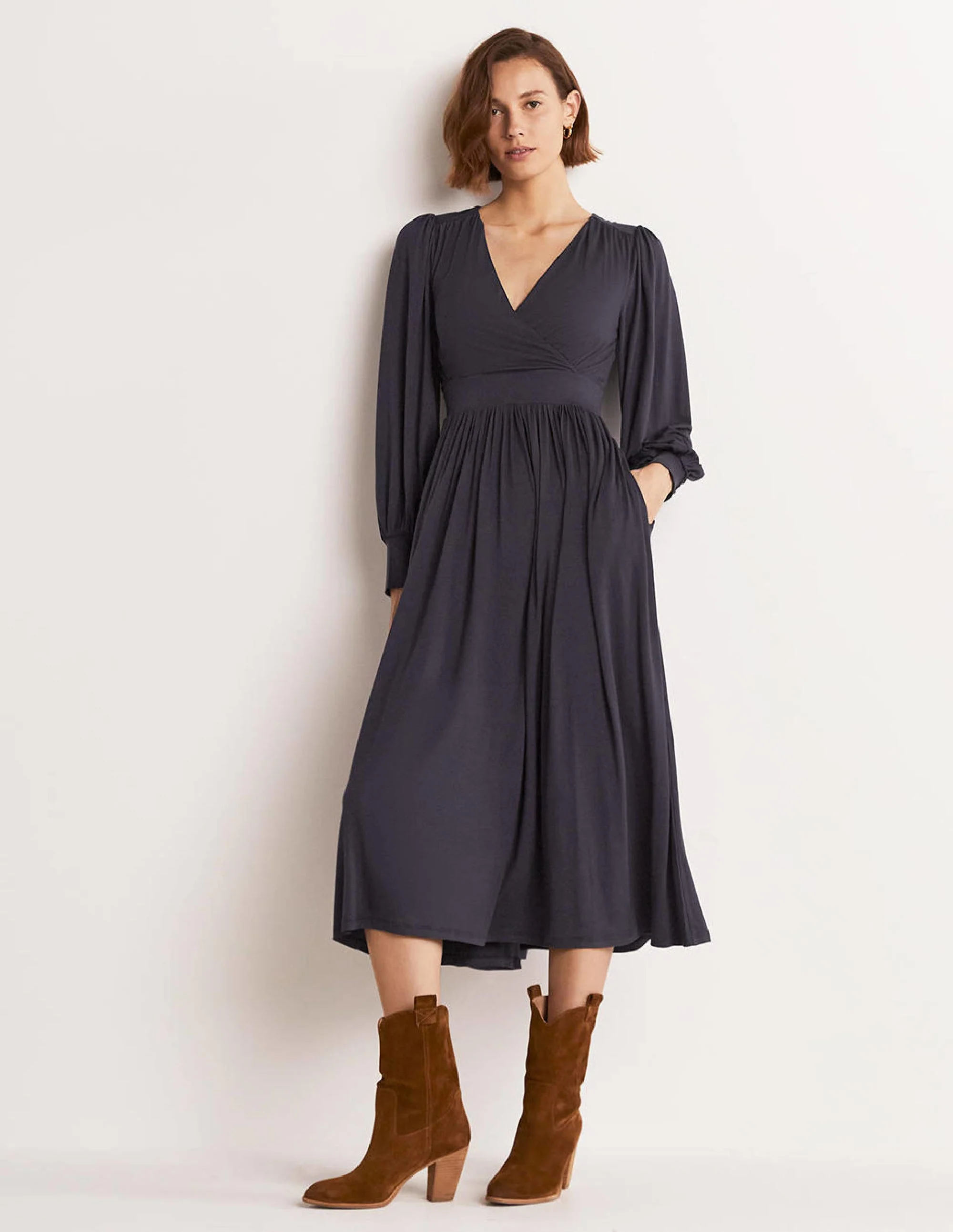 Fixed Wrap Jersey Midi Dress-Navy - Image 4