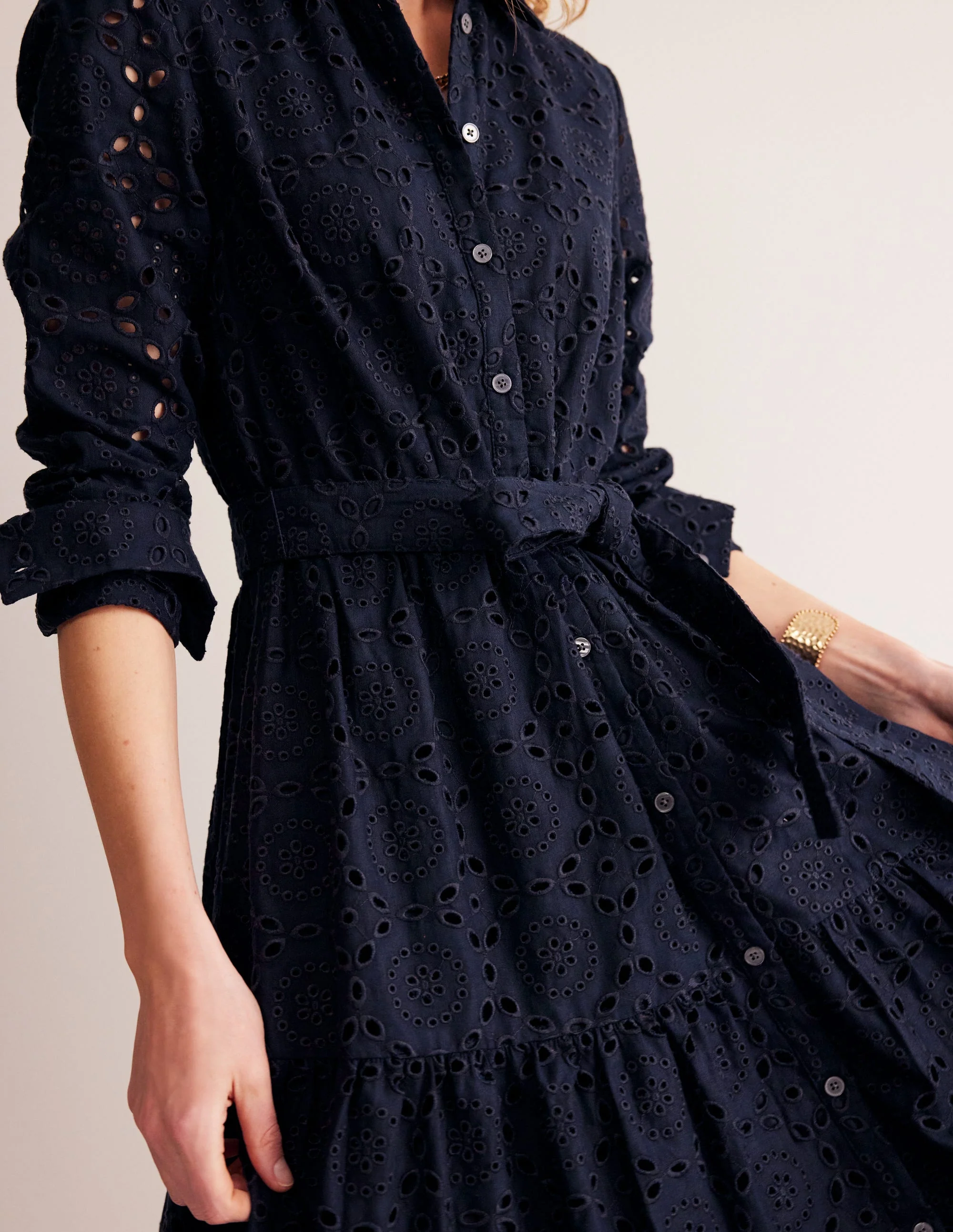 Flo Broderie Midi Shirt Dress-Navy - Image 3