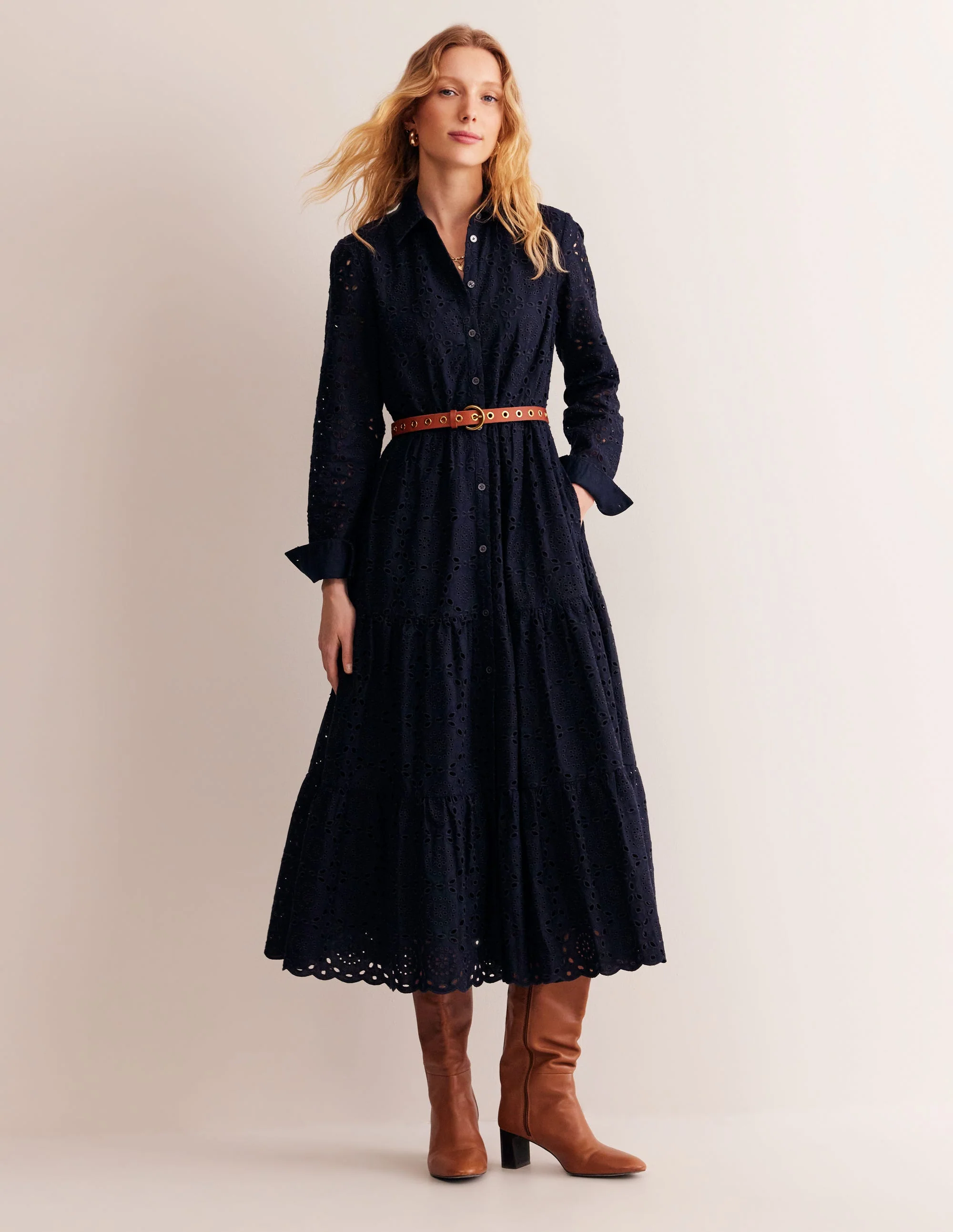 Flo Broderie Midi Shirt Dress-Navy - Image 6