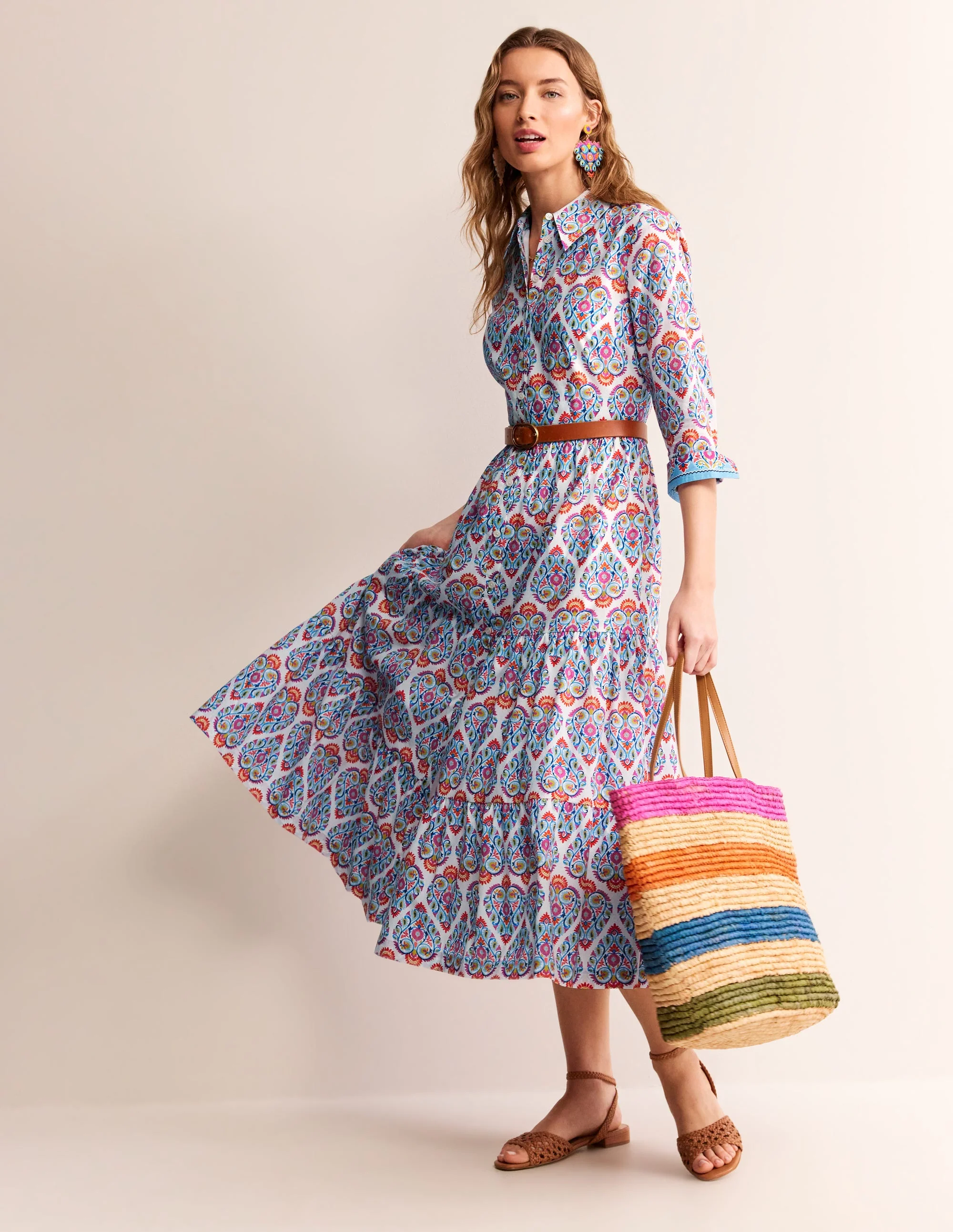 Flo Cotton Midi Shirt Dress-Air Blue, Flora Stamp - Image 5