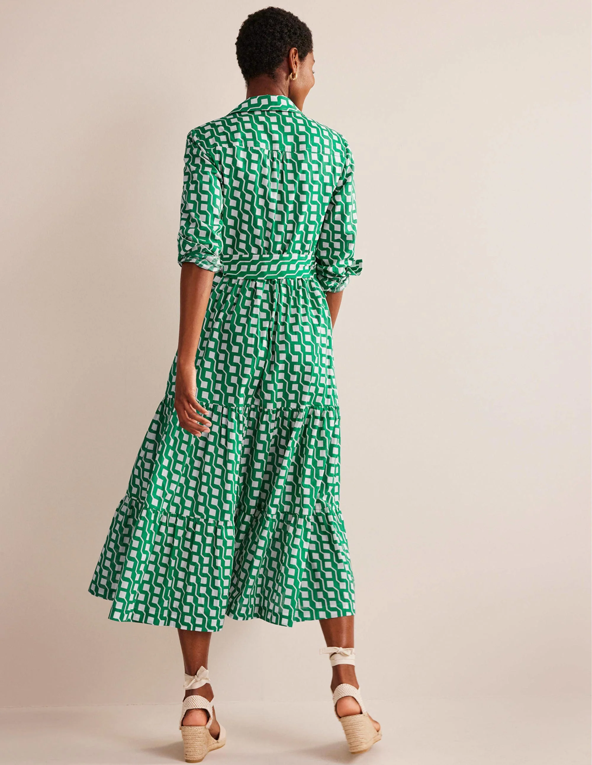 Flo Cotton Midi Shirt Dress-Bright Emerald, Cube Geo - Image 3