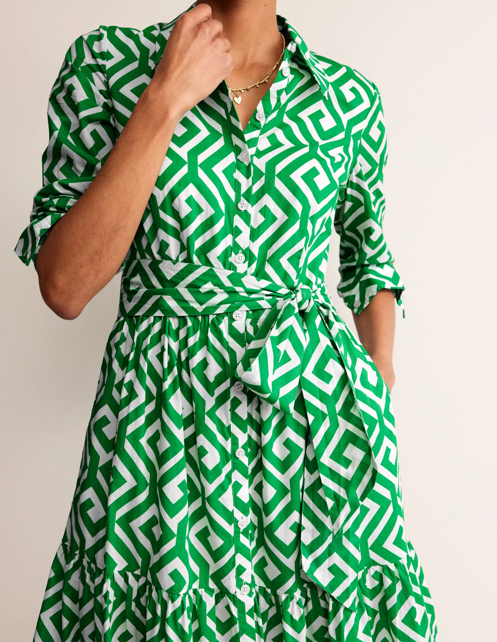 Flo Cotton Midi Shirt Dress-Green Tambourine, Maze - Image 2