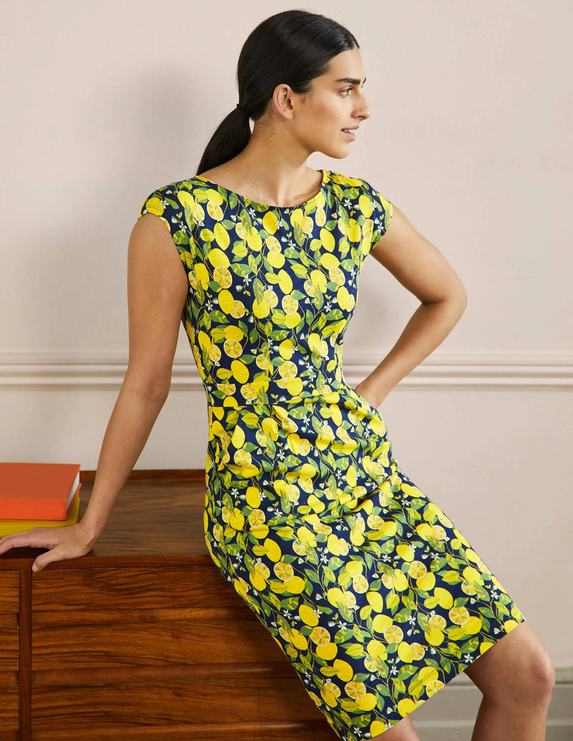 Florrie Jersey Dress-French Navy, Lemon Vine