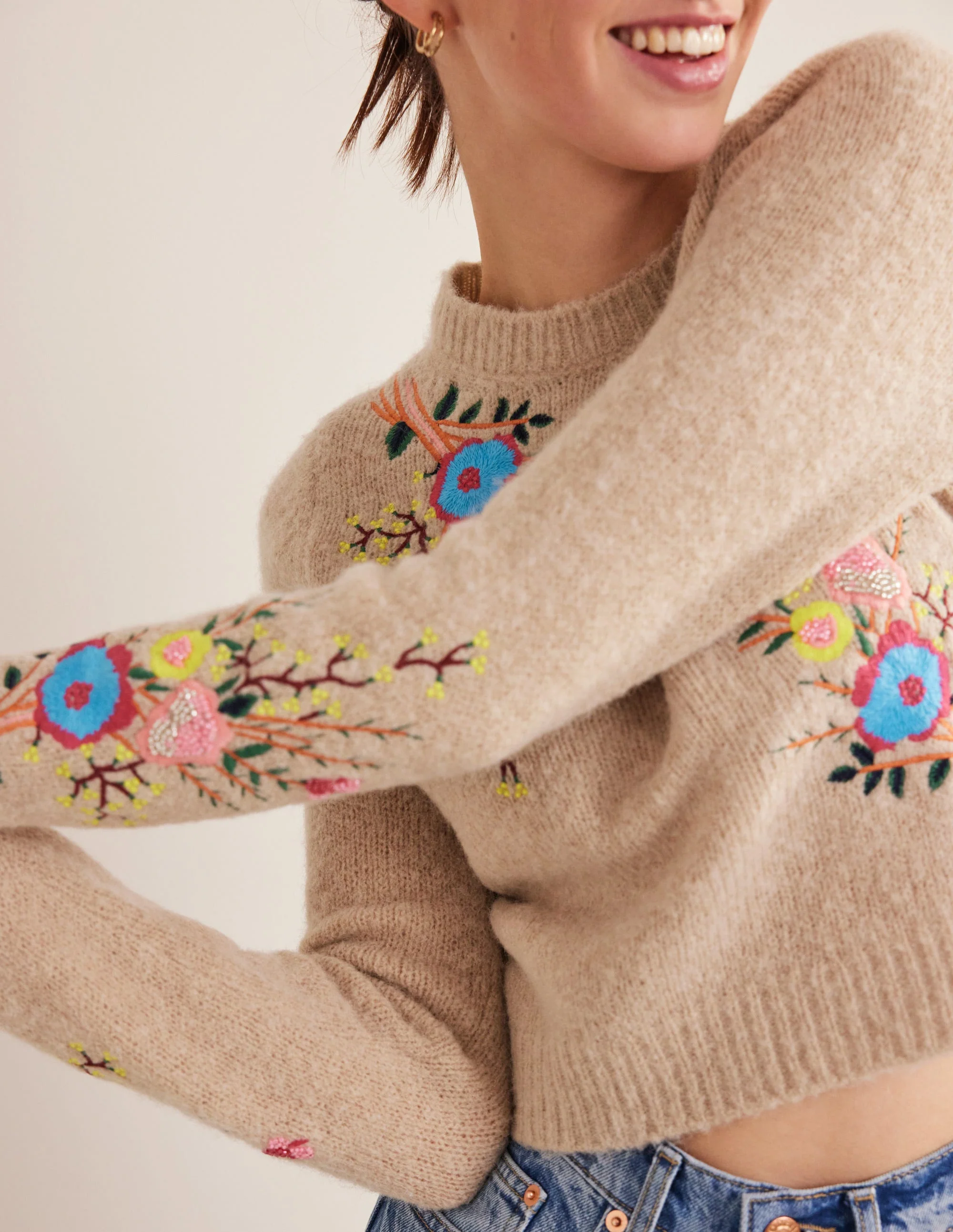 Fluffy Floral Detail Jumper-Chinchilla Melange Floral - Image 2