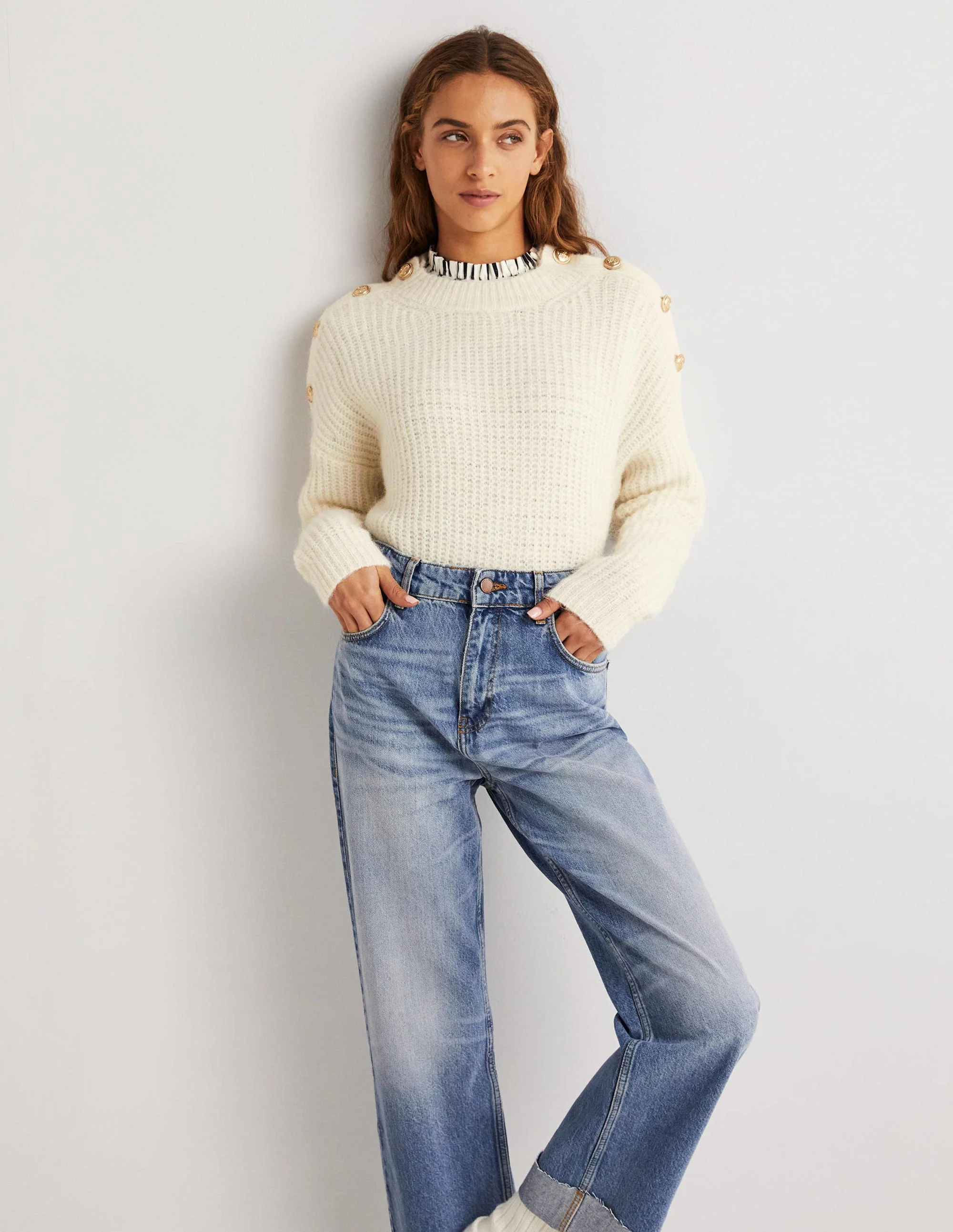 Fluffy Ribbed Button Jumper-Warm Ivory - Image 4
