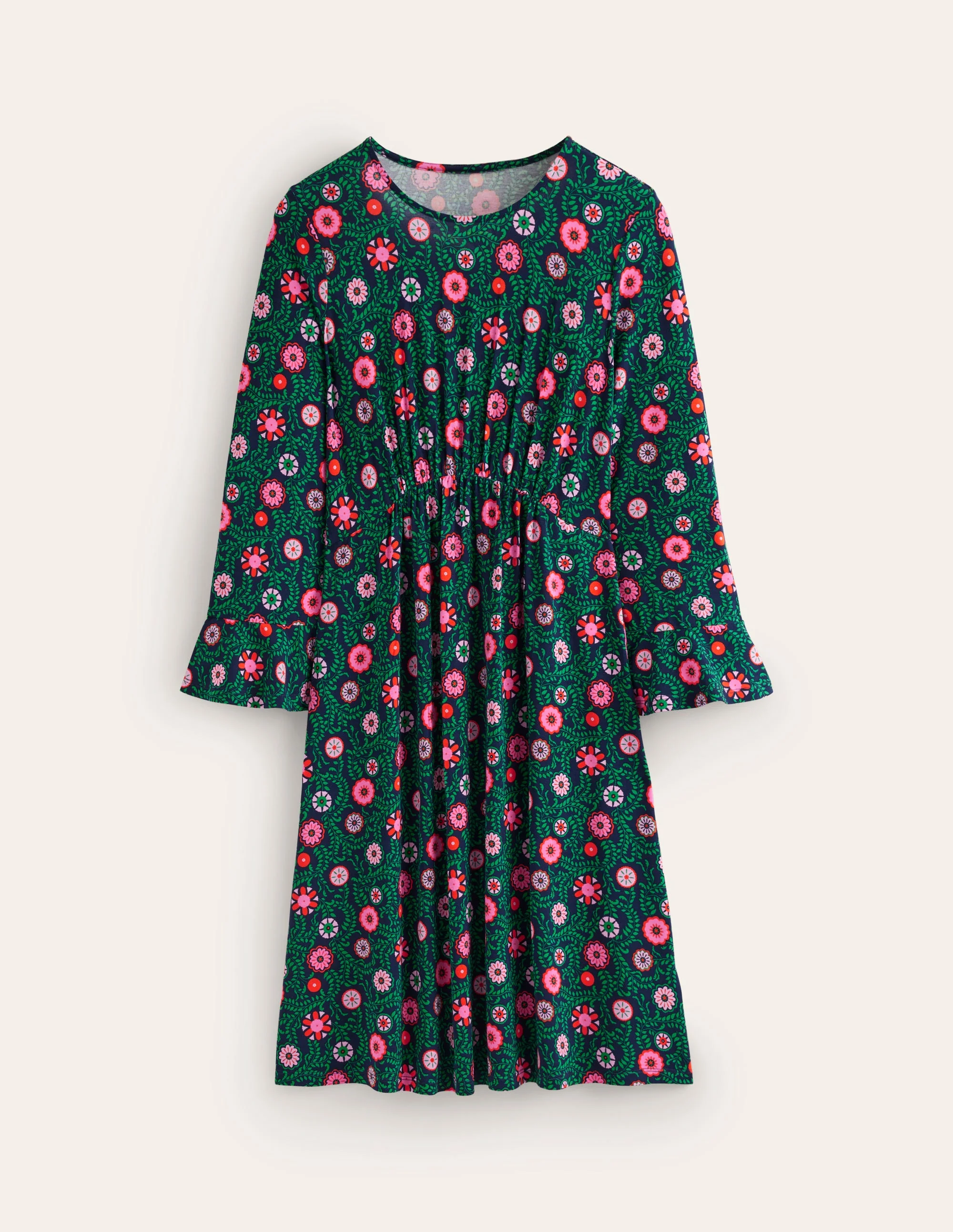 Flute Sleeve Jersey Dress-Navy, Meadow Vine - Image 5
