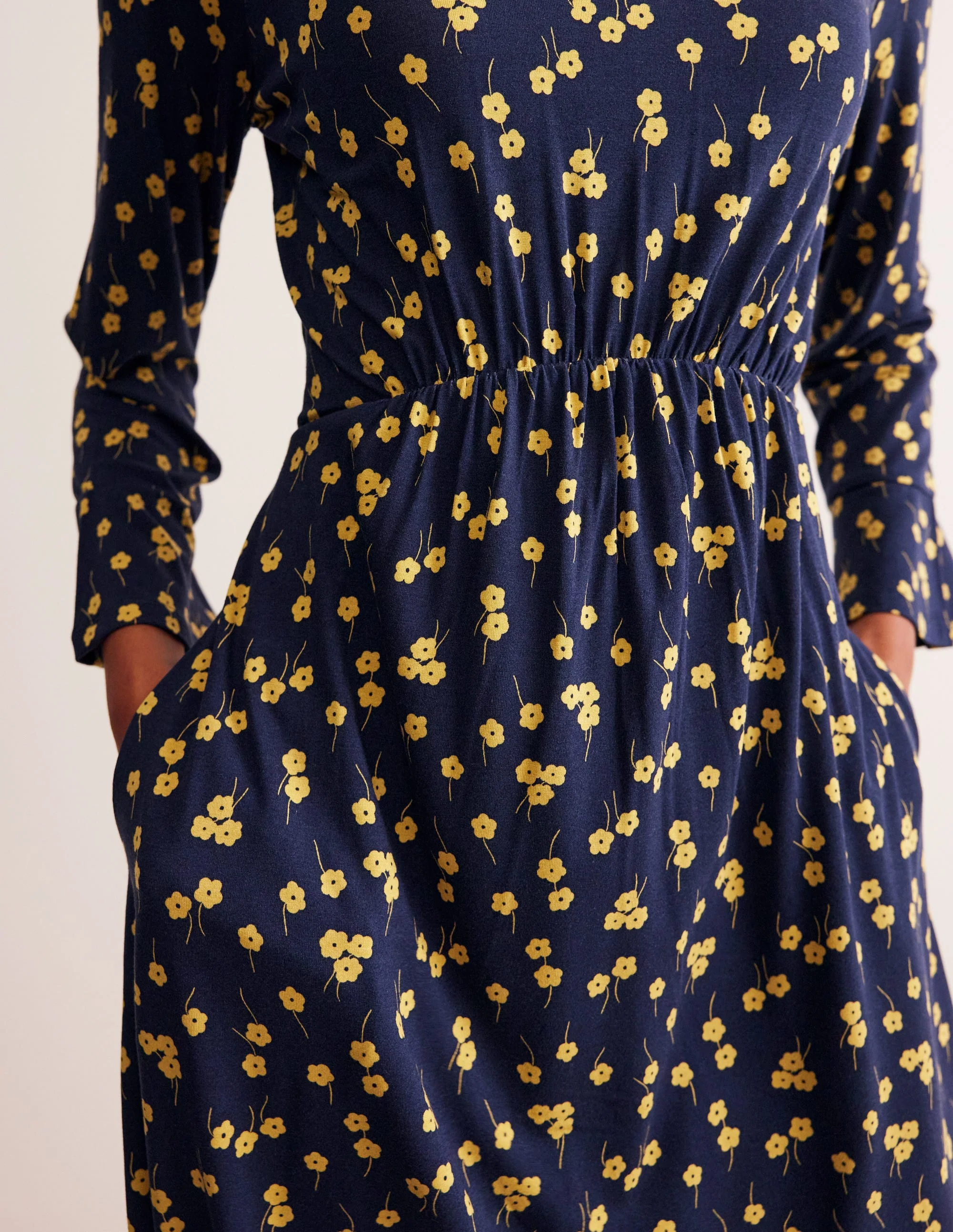 Flute Sleeve Jersey Dress-Soft Canary, Fall Sprig - Image 2