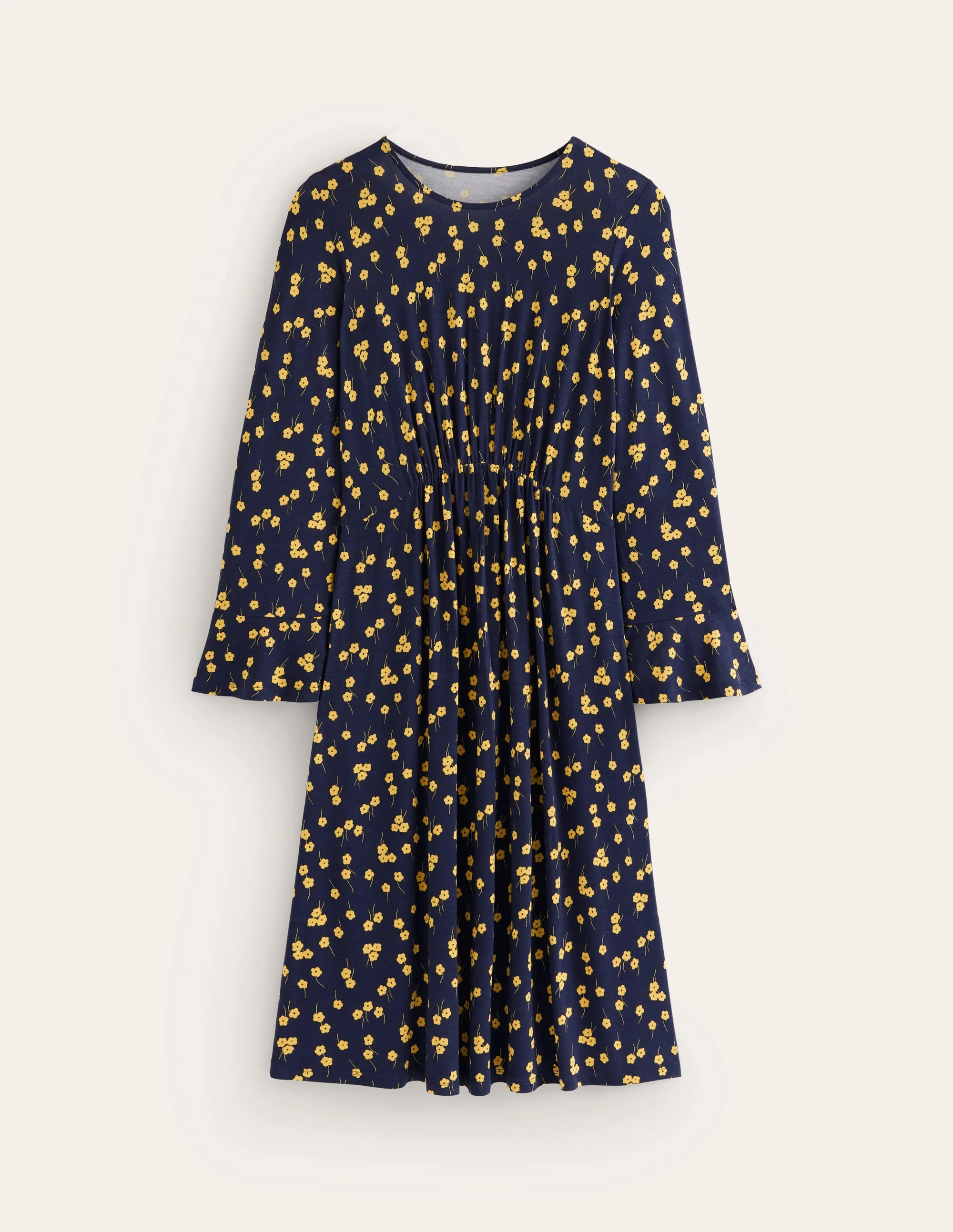 Flute Sleeve Jersey Dress-Soft Canary, Fall Sprig - Image 5