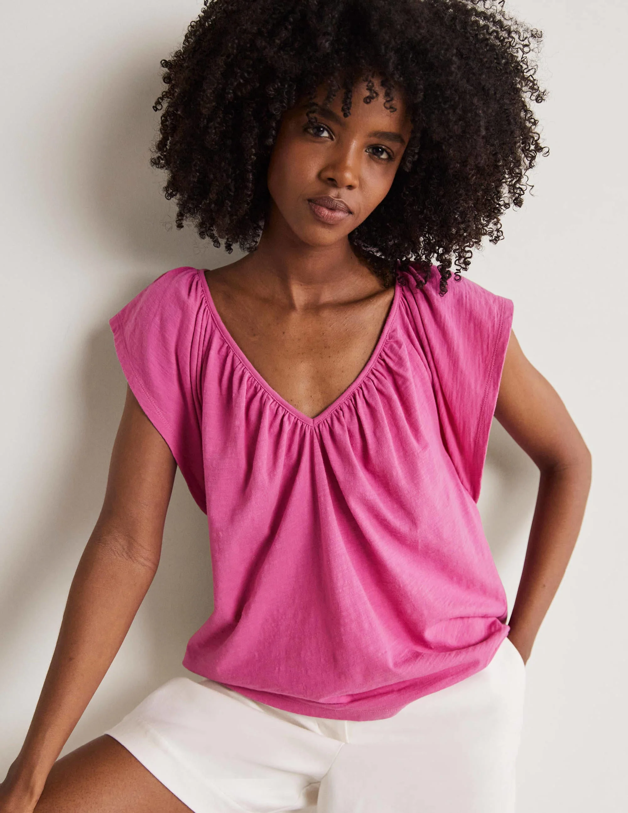 Flutter Sleeve V-neck T-shirt-Cosmos Pink