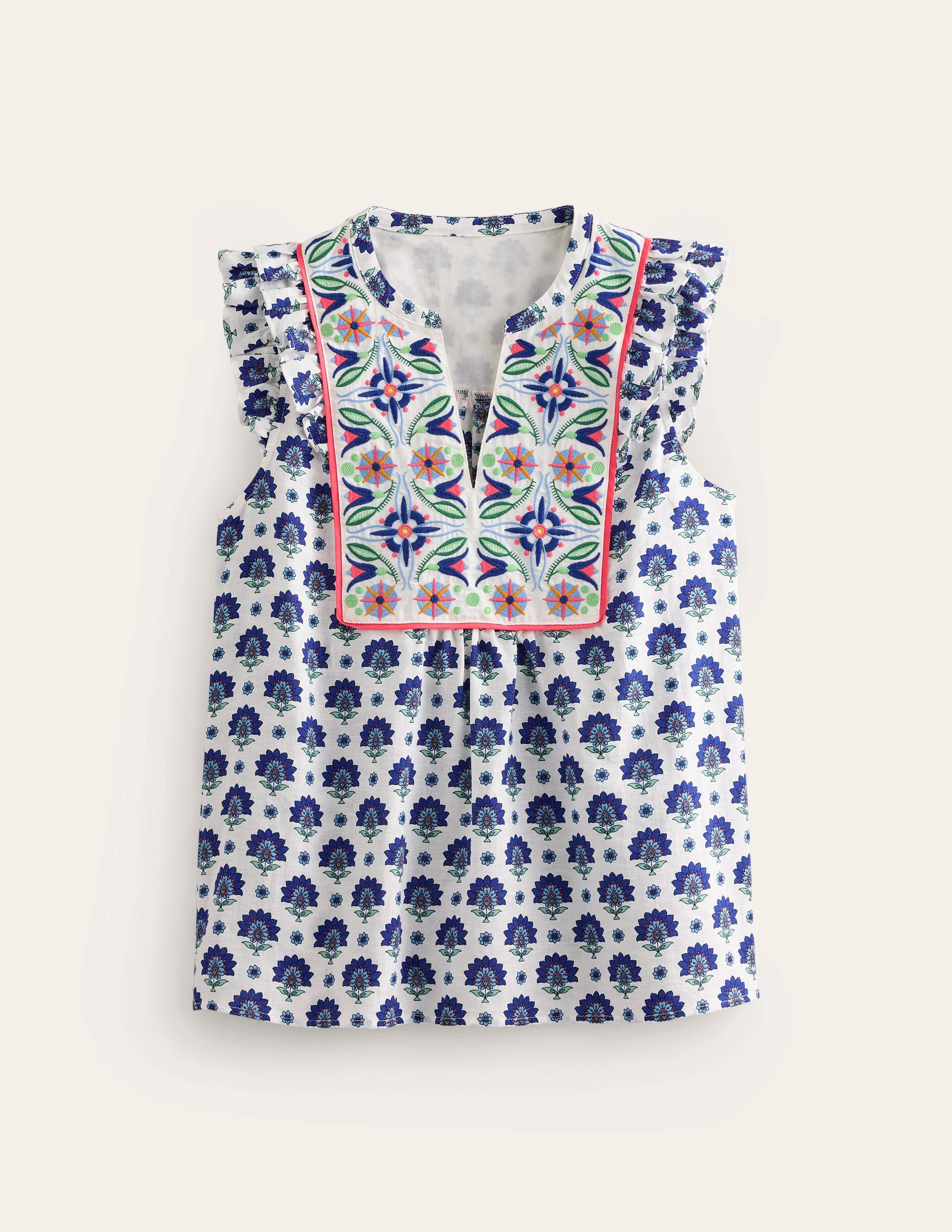 Frill Detail Embroidered Top-Bright Blue, Passion Geo - Image 5