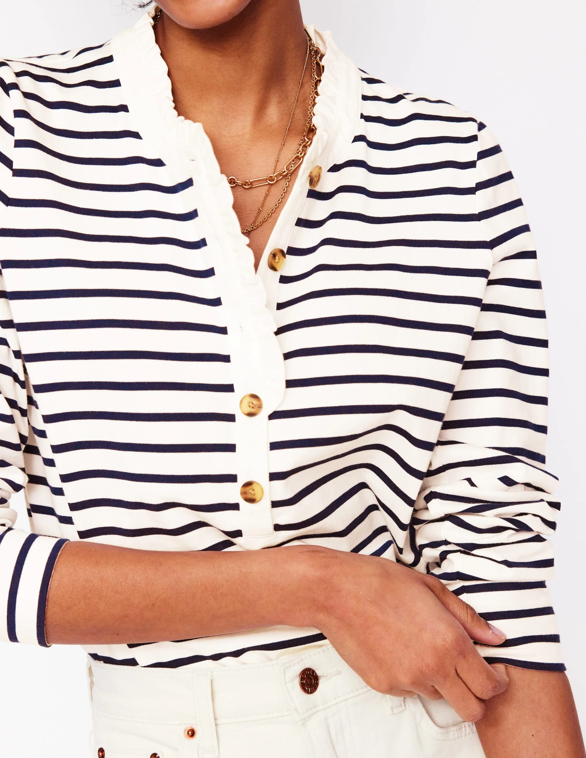 Frill Neck Breton Top-Ivory, Navy - Image 2