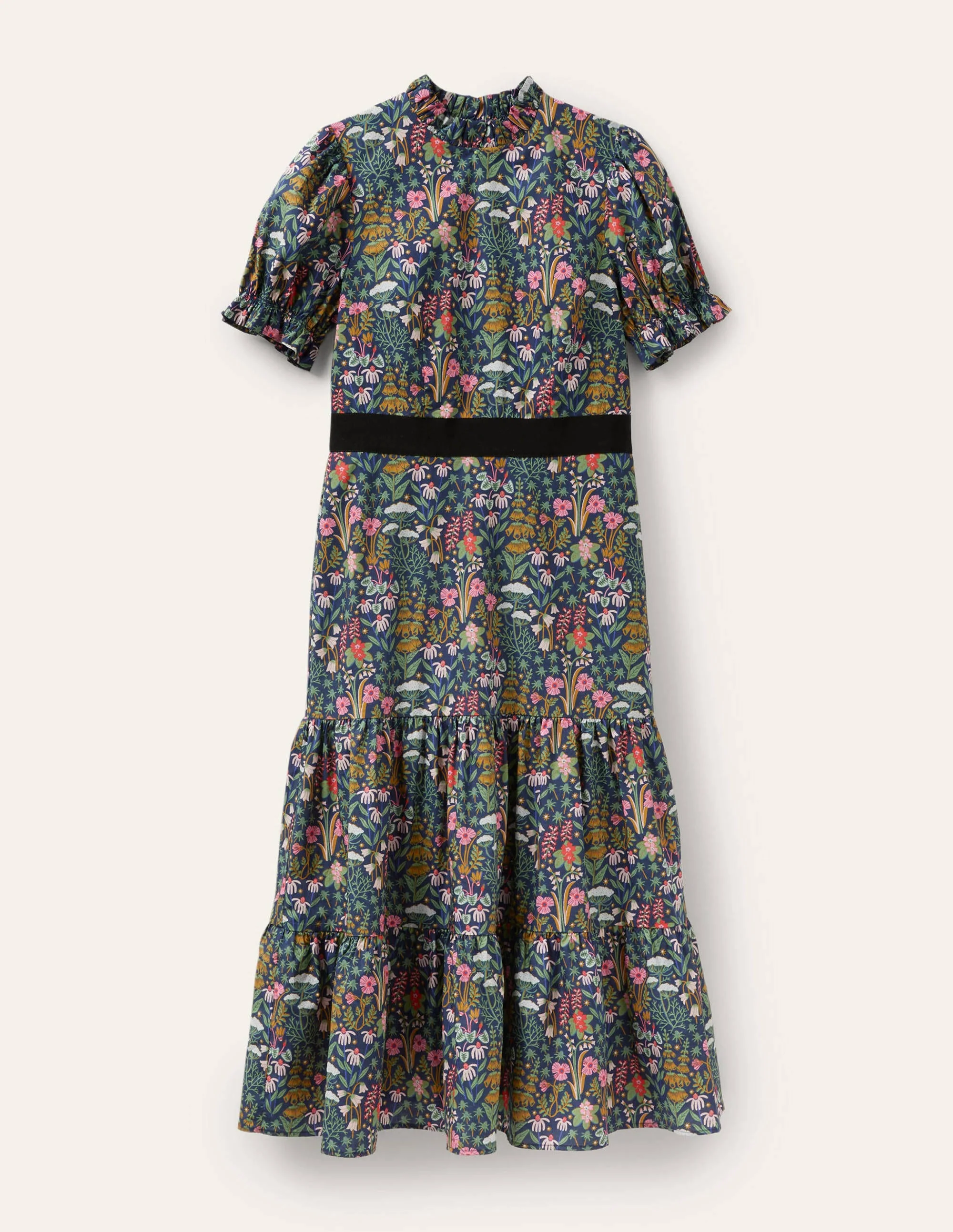 Frill Neck Tiered Midi Dress-French Navy, Wildflower Bloom - Image 6