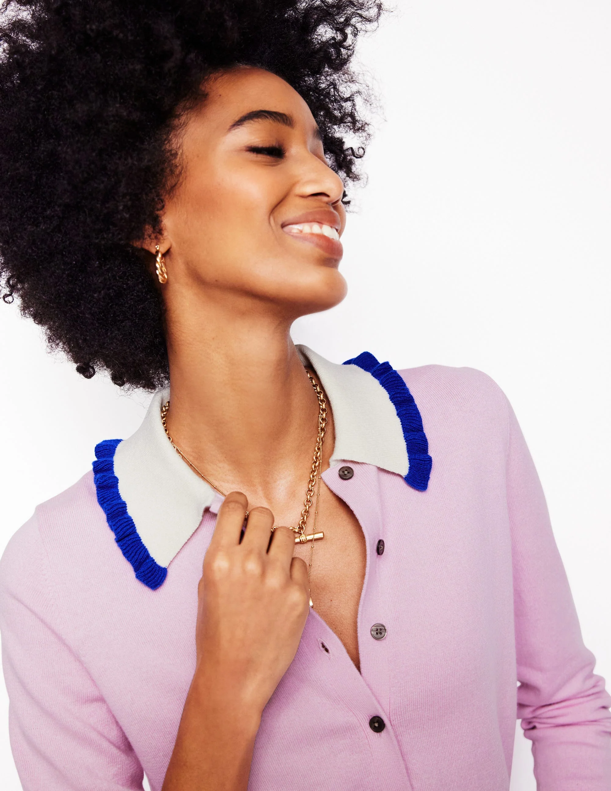 Frilled Cotton Blend Cardigan-Soft Lavender Pink - Image 4