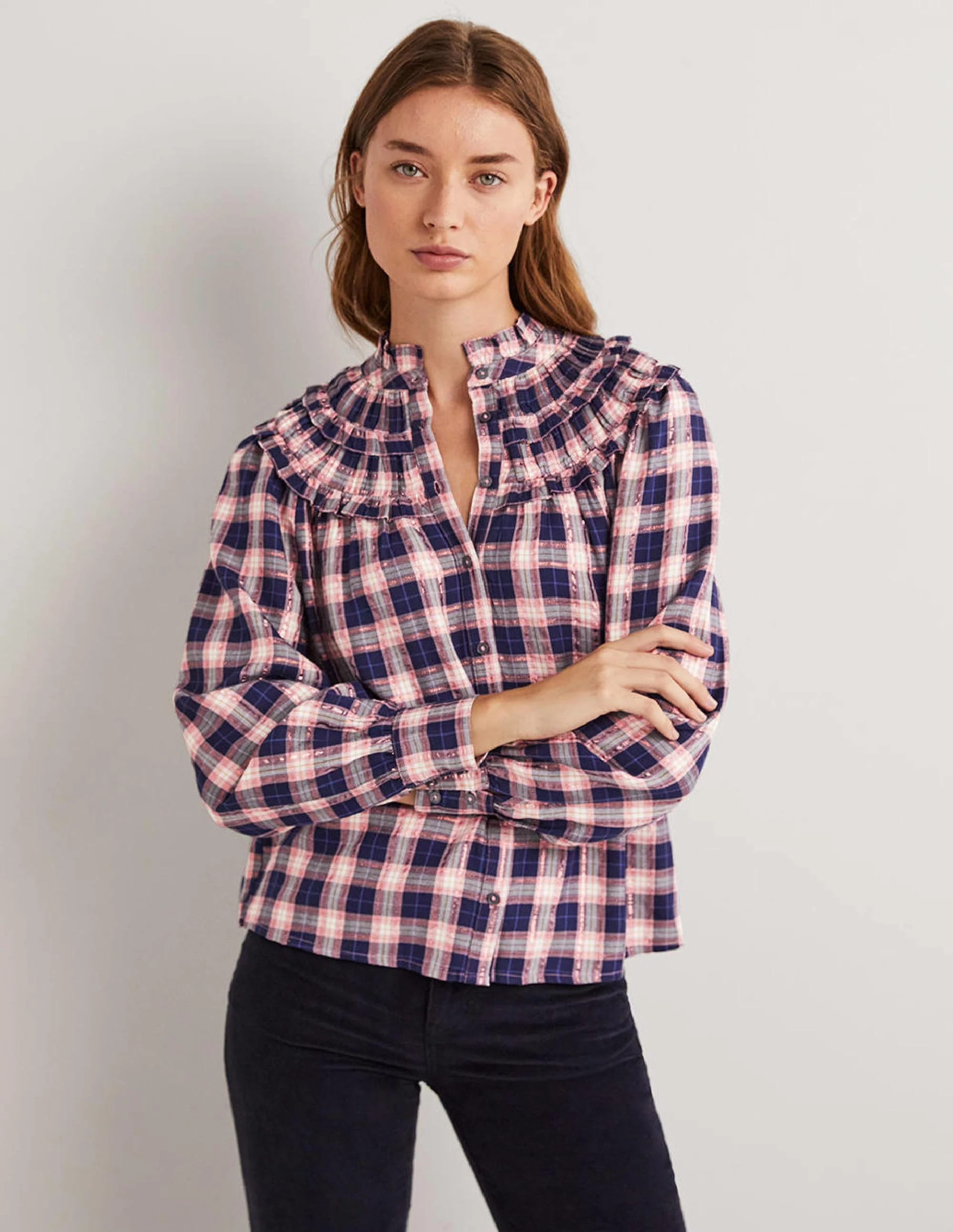 Frilled High Neck Shirt-Navy, Copper Lurex Check - Image 4