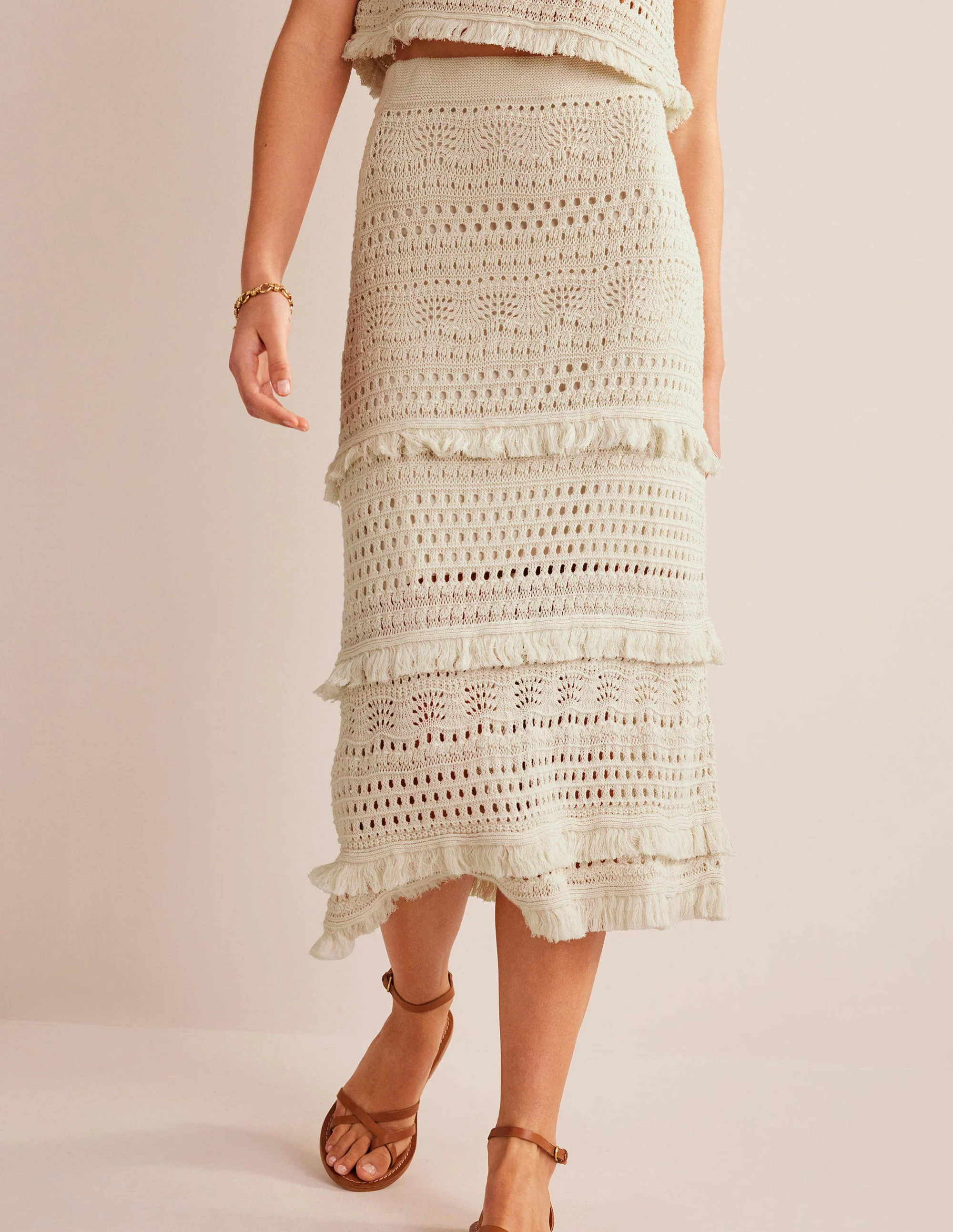 Fringe Crochet Knitted Skirt-Warm Ivory - Image 4