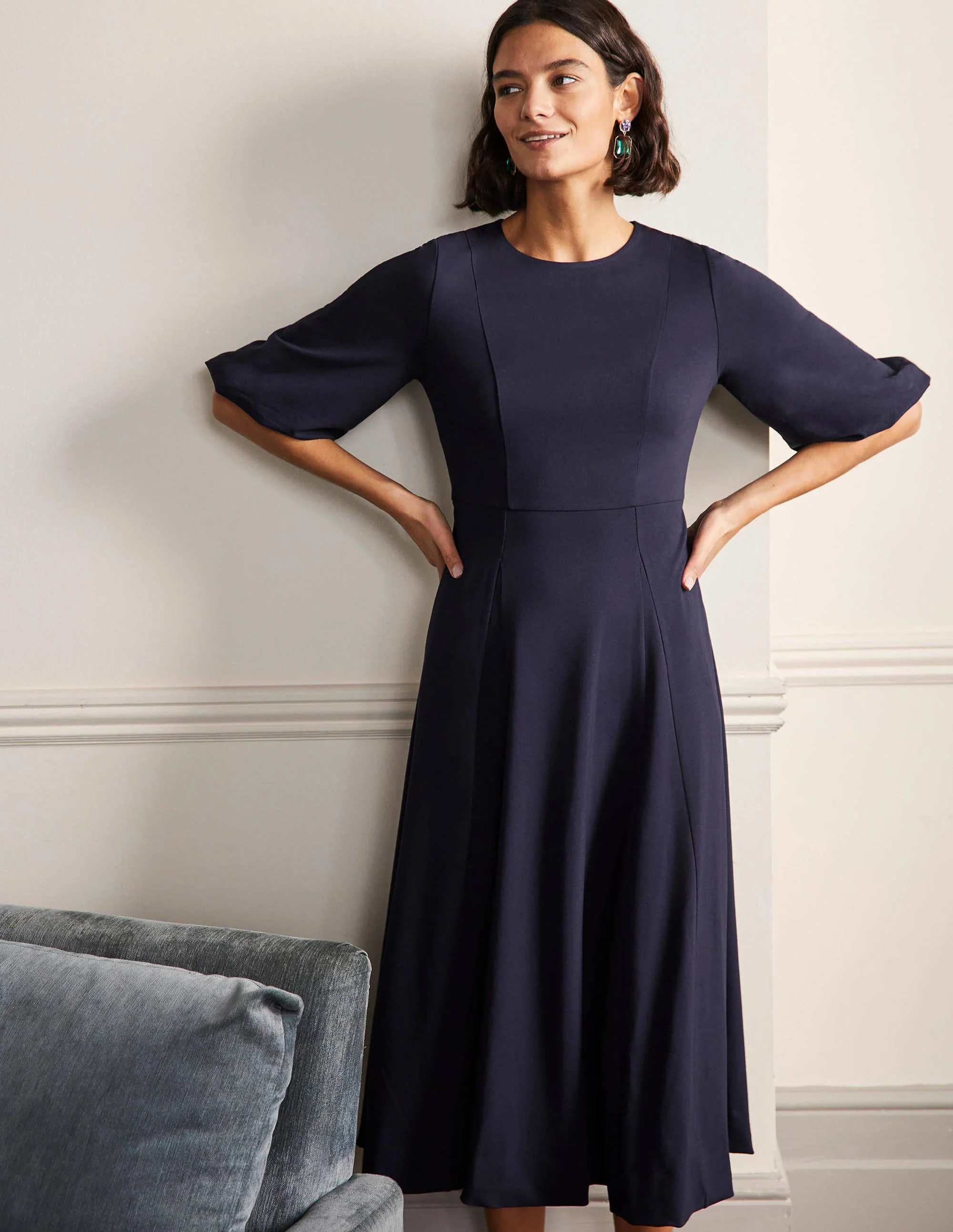 Full Skirt Jersey Midi Dress-Navy