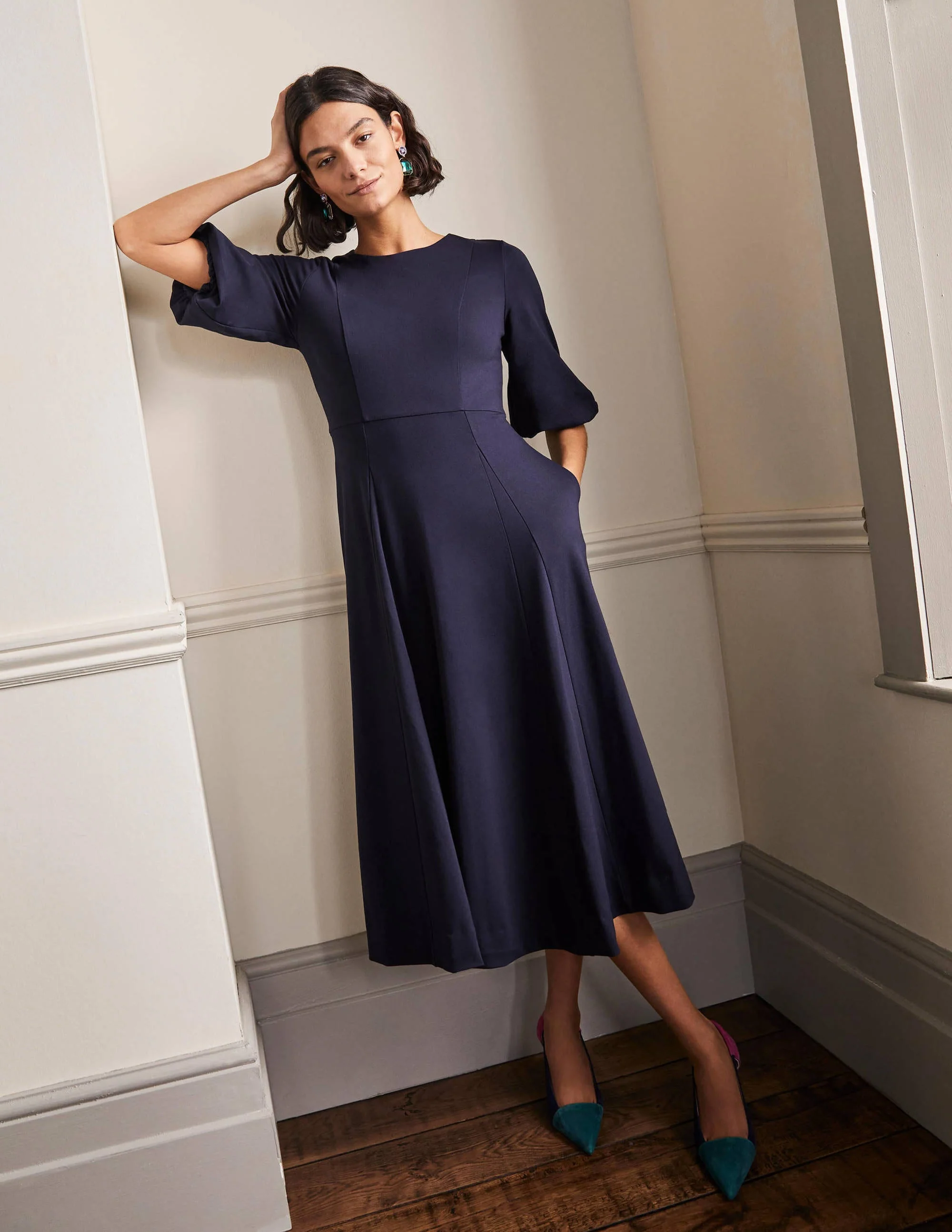 Full Skirt Jersey Midi Dress-Navy - Image 4