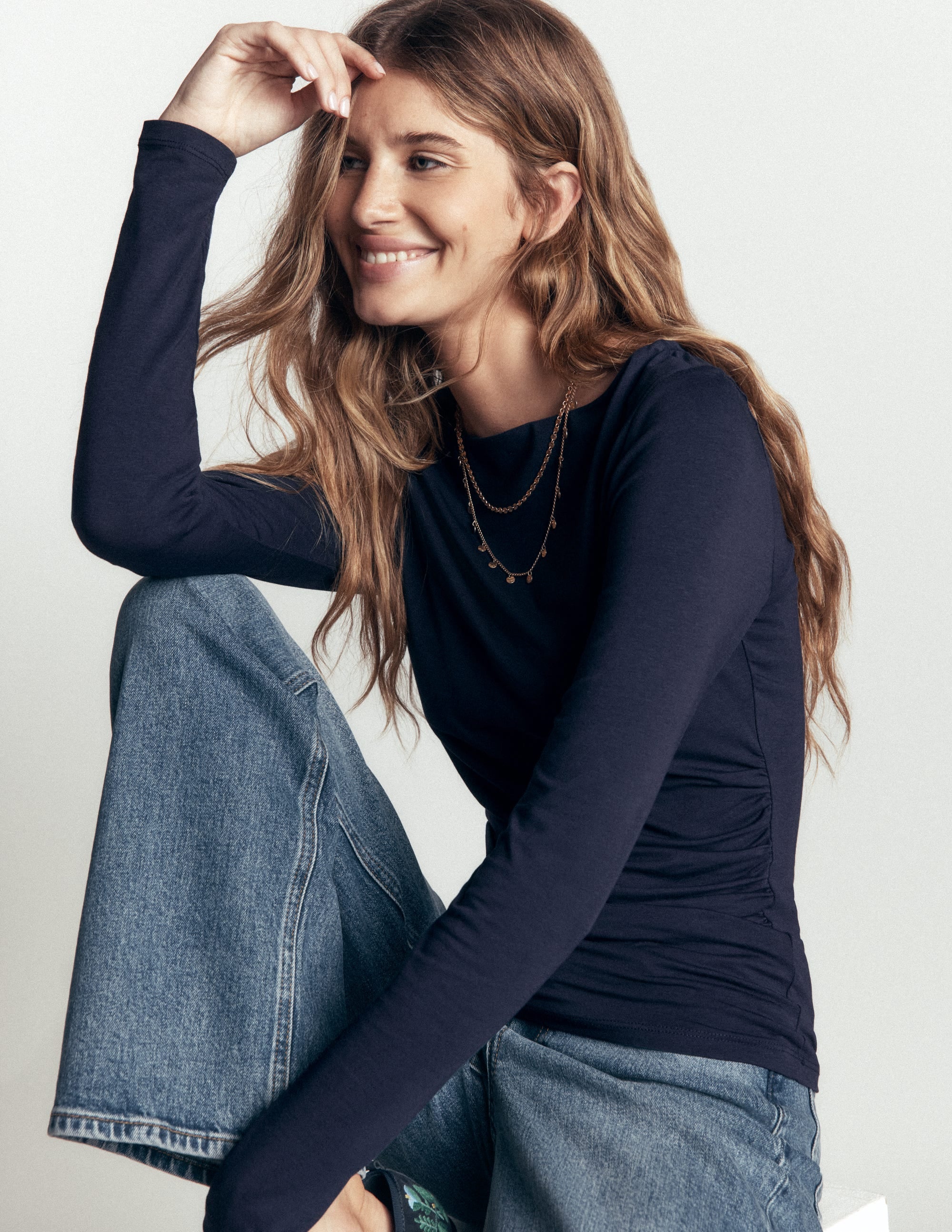 Gathered Detail Long sleeve-Navy